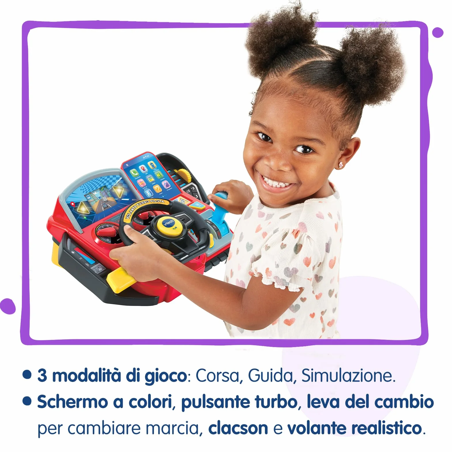 VTech Volante Turbo Pilota, Volante Bambini con Cruscotto Interattivo, Oltre 20 Giochi Educativi e 9 Circuiti, Schermo LCD, Clacson e Indicatore Direzione, Lingua Italiana, Batterie Incluse, 3-8 Anni