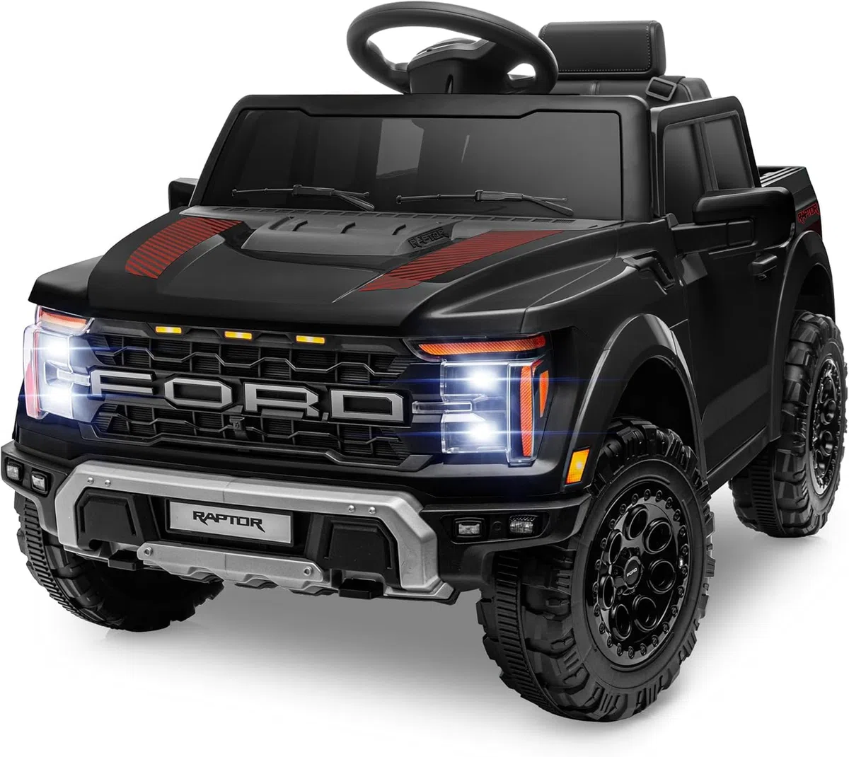 Ford F150 Raptor 12V Auto Elettrica per Bambini con Telecomando, Luci LED, Bluetooth, Cintura di Sicurezza, Carico 30 kg (Nero)