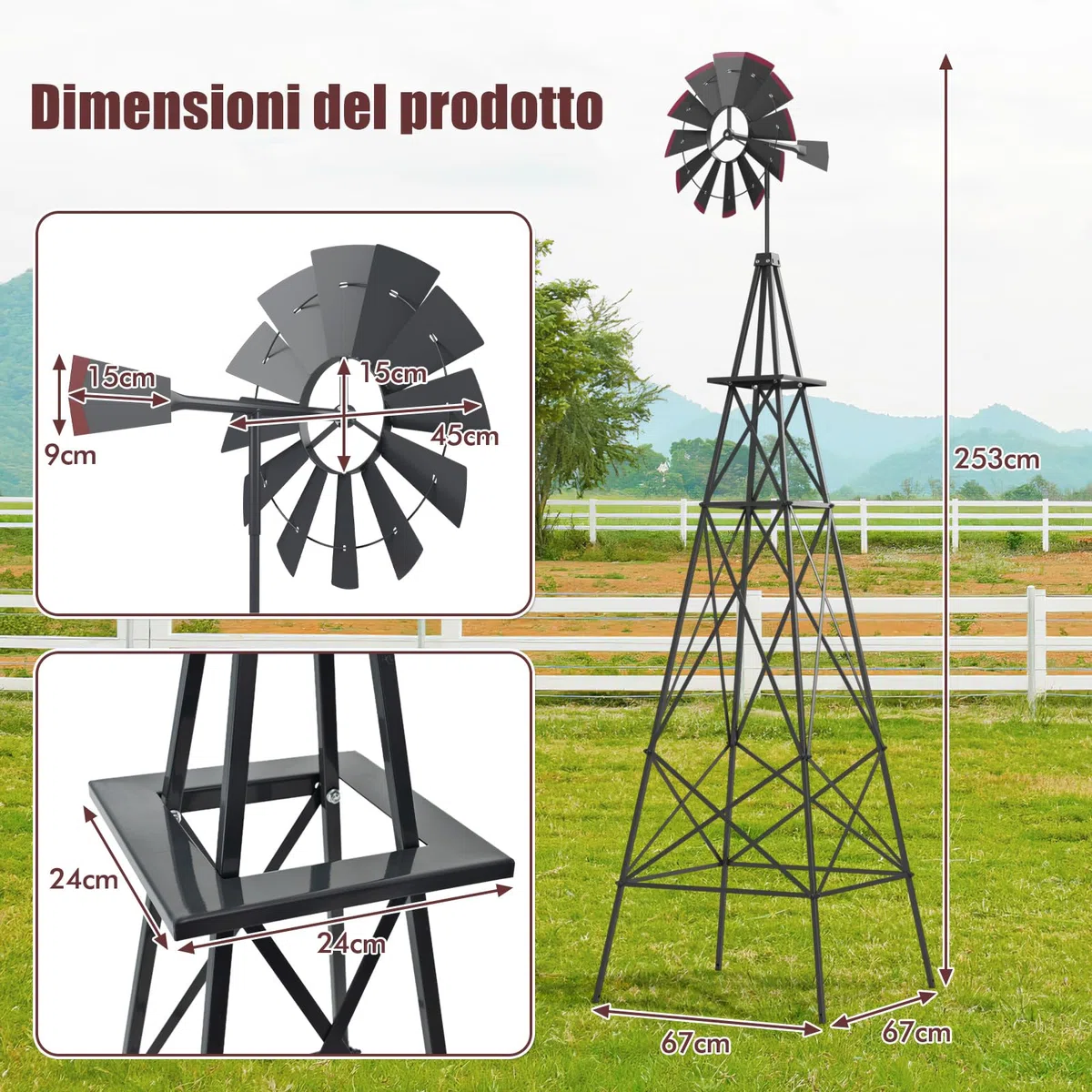 COSTWAY Mulino a Vento da Giardino 45 CM, con Cuscinetti a Sfera, Resistente alle Intemperie, Grigio