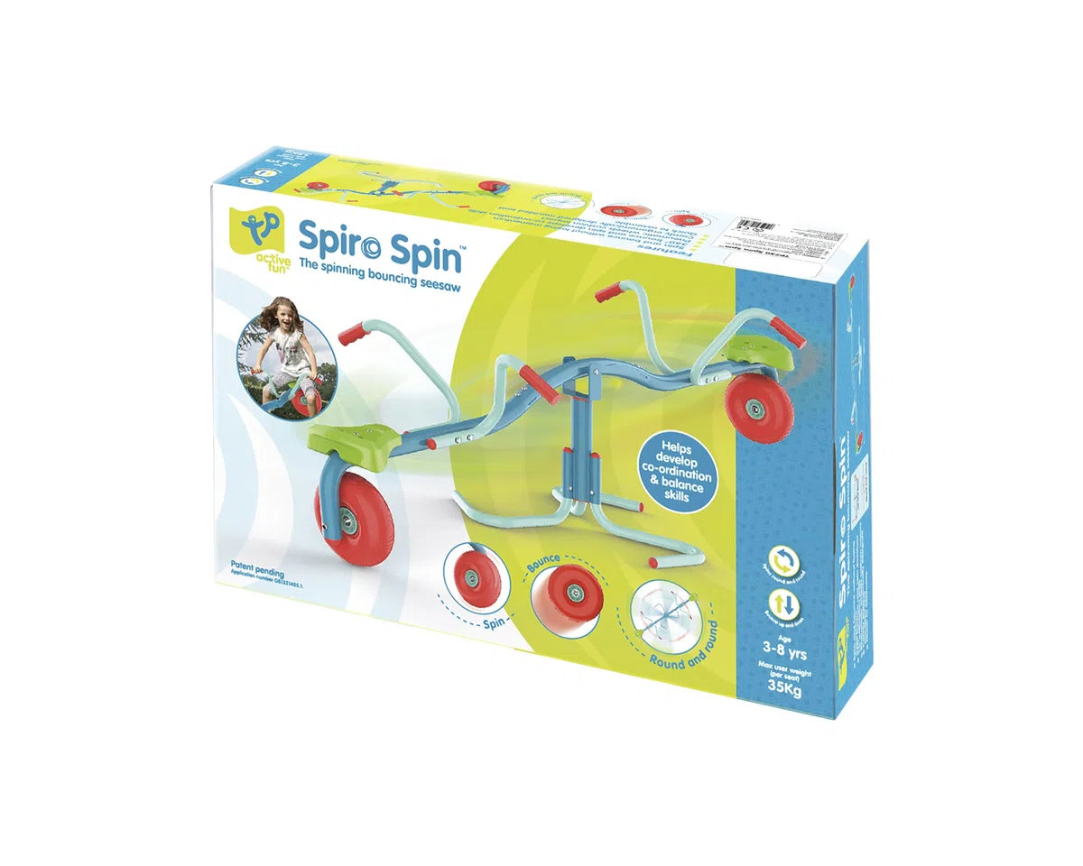 TP Toys Spiro Spin Altalena rimbalzante e Rotante per Bambini dai 3 Anni Piedini Imbottiti Manubrio angolato Ruote in Gomma