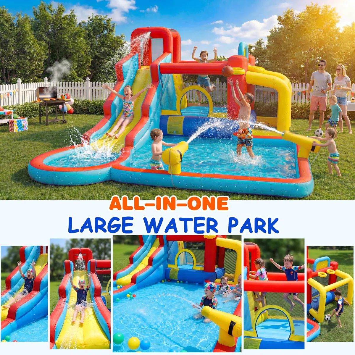 AKEYDIY Scivolo d'acqua per bambini 10 in 1, casetta gonfiabile con piscina spruzzi