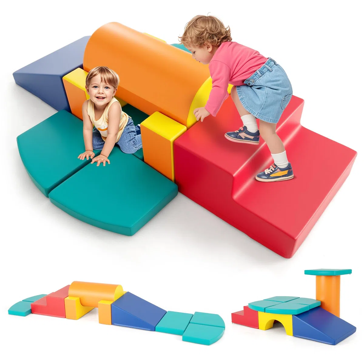 COSTWAY Zestaw 10 Giocattoli da Arrampicata per Bambini, Blocchi in Schiuma Morbidi, Set Attività Gattonare e Scivolare 1-3 Anni (Verde)