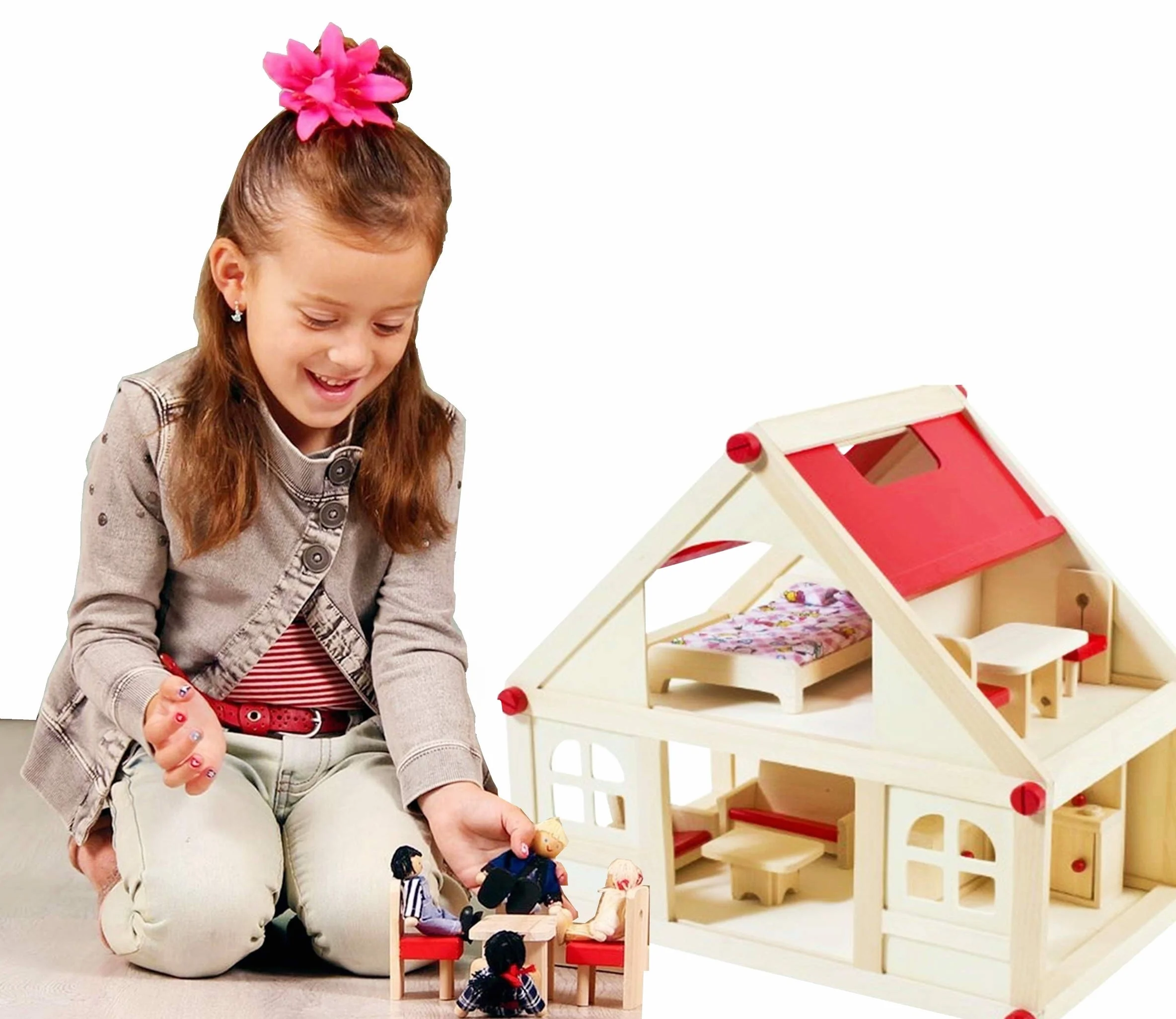 Izzy Casa delle bambole in legno con 2 piani, 4 bambole e 9 mobili | Maniglia per il trasporto (casa delle bambole per bambini con 2 piani, mobili e accessori) - (38 x 27 x 39 cm)