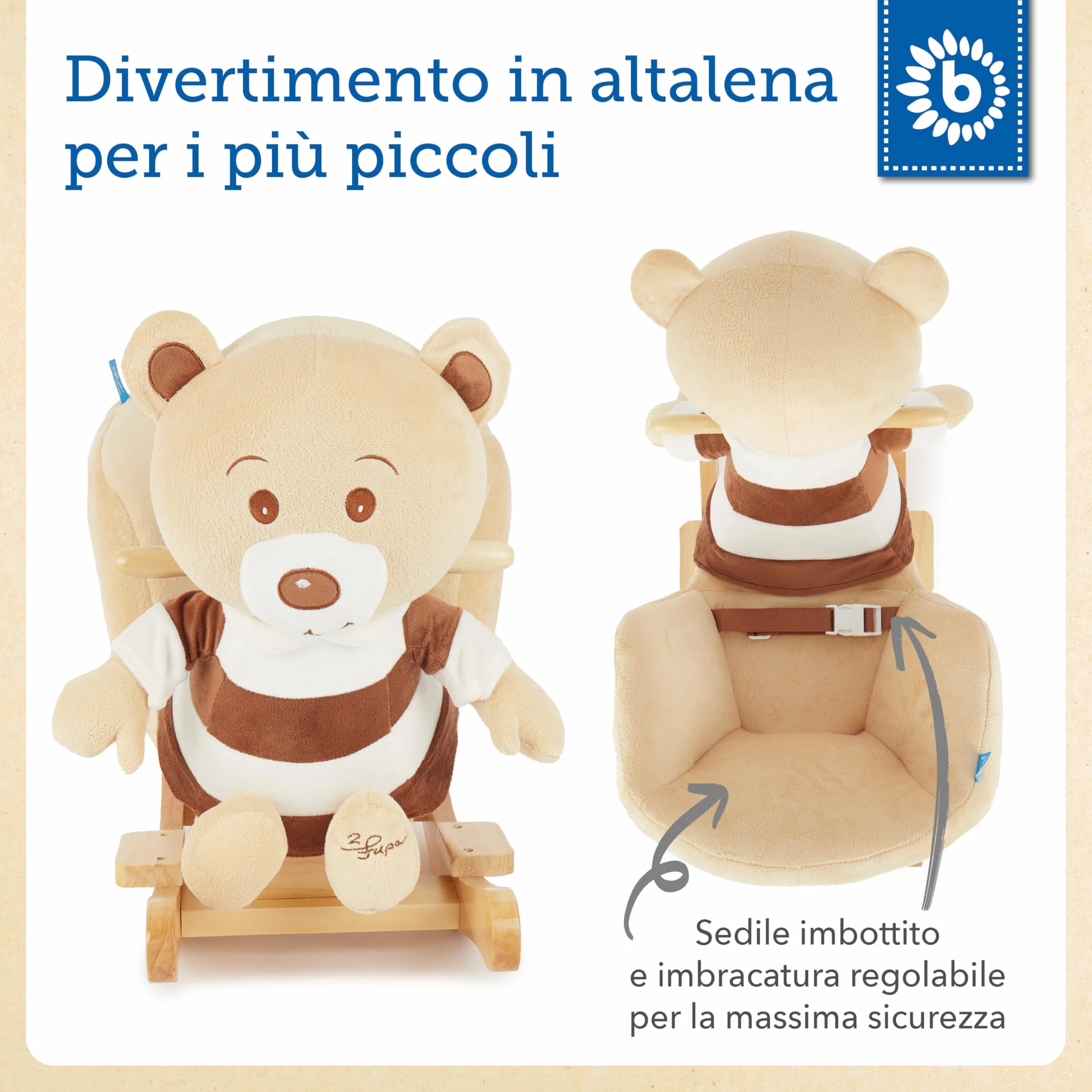 Bieco 74004003 - peluche a dondolo Bubu orso, marrone, per bambini sedia a dondolo, sedile e schienale, altalena peluche per neonati e bambini di circa 60 x 30 x 50 cm