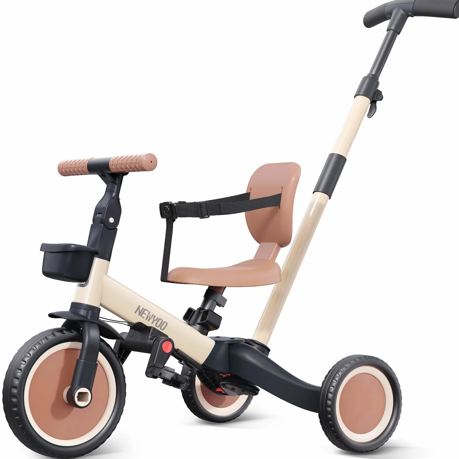 newyoo Triciclo per Bambini 1-3 Anni con Manico di Spinta, Bicicletta per Bambini, Regalo e Giocattolo per Bambini e Bambine, Triciclo 5 in 1 con Schienale e Cintura di Sicurezza, Kaki, TR007