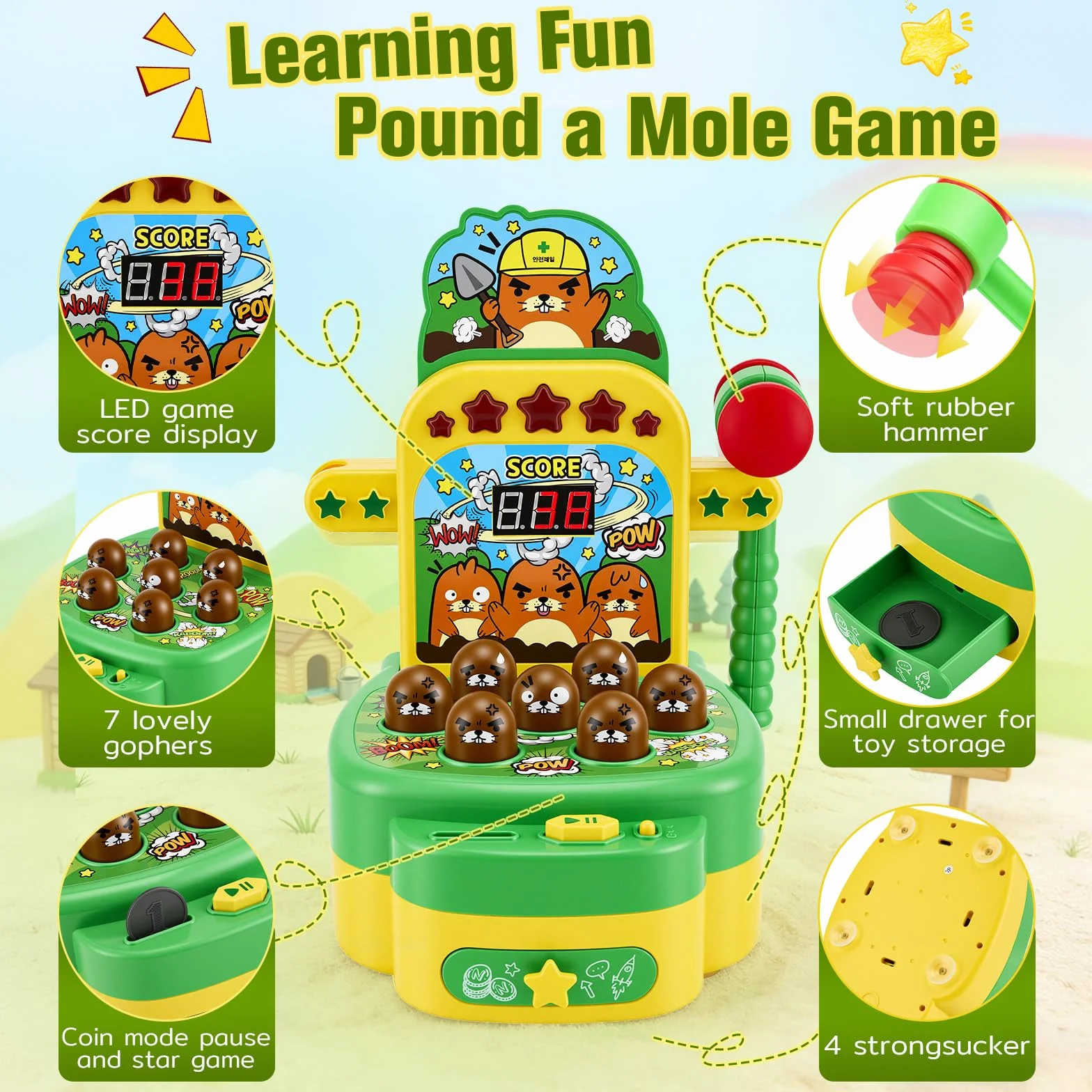 Gioco Colpisci la talpa per bambini Giocattolo musicale interattivo con 2 martelli per promuovere le capacità motorie Giocattolo educativo con luci ed effetti sonori, gioco arcade display LCD, verde
