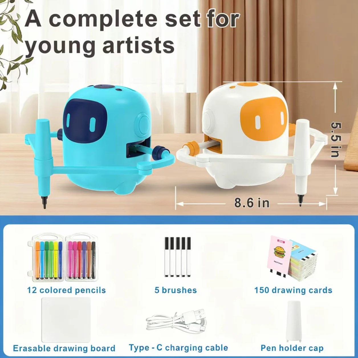 Robot da disegno per bambini con 150 carte, macchina da disegno educativa interattiva vocale, giocattoli didattici Montessori per 5+ anni festa di compleanno per ragazzi e ragazze (Blu)