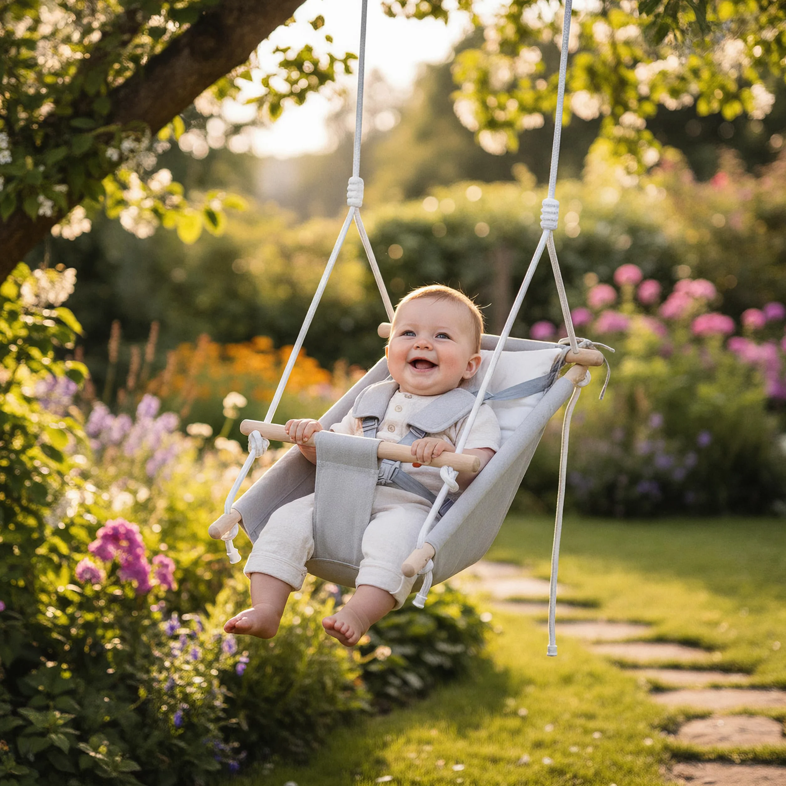 Tulano Hop 40 Altalena per bambini 3in1 - Altalena sospesa e seggiolino in cotone e legno - Dai 6 mesi - Imbottitura sicura - Portata 60 kg - Per interno ed esterno - Grigio
