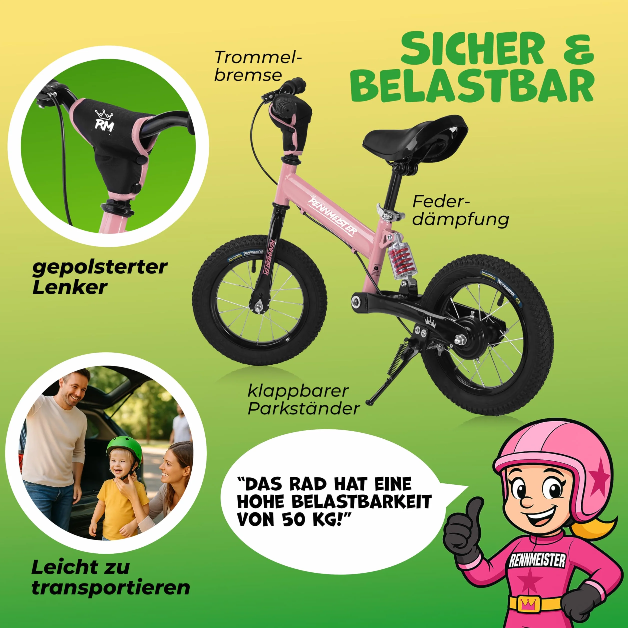 Bici per bambini da 2 Anni Ruota Apprendimento Freno Protezione dagli Urti Max Carico 50 kg Impugnature in Gomma, Fuchsia