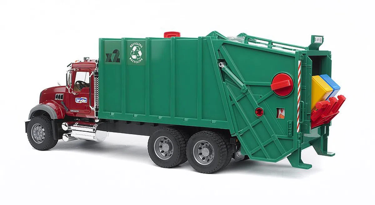 bruder 02812 - MACK Granite camion della spazzatura, raccolta rifiuti, camion della spazzatura, giocattolo