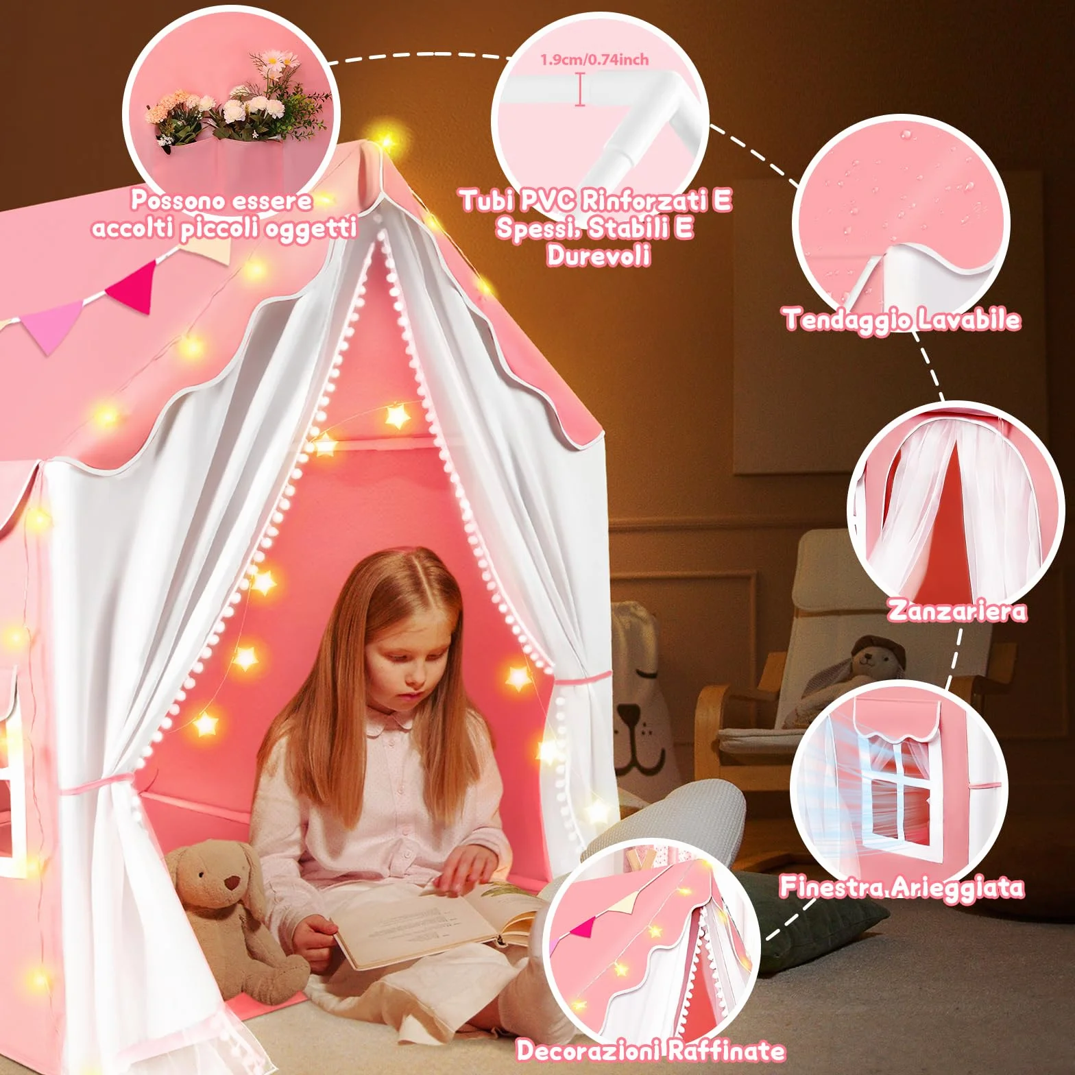 Tenda per Bambini Cameretta, Tenda da Gioco con 2 Porte per Interni Esterni con Luci LED e Bandierine, Rosa