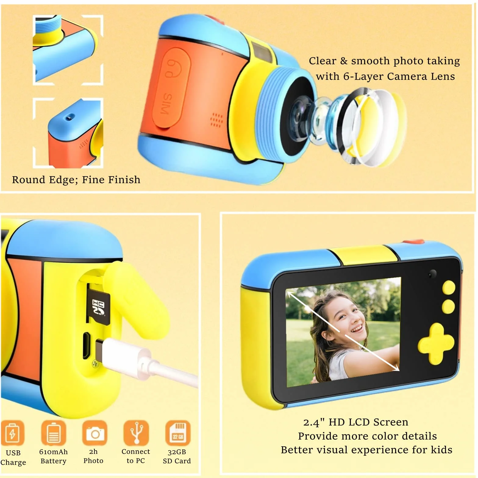 ToyZoom Macchina Fotografica per Bambini 24MP Fotocamera Digitale 1080P HD Videocamera Obiettivo Doppio Selfie Fotocamera con 32GB Scheda SD, 2.4 Pollici, Regalo di Compleanno