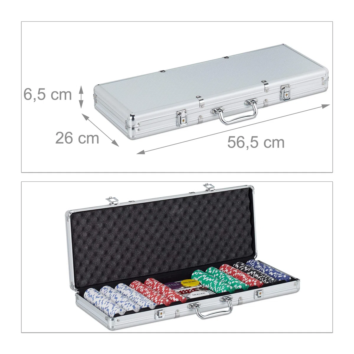 Relaxdays Valigetta Poker, 500 Chips Laser, 2 Mazzi di Carte, 5 Dadi, Dealer, Richiudibile & Portatile,Alluminio,Argento