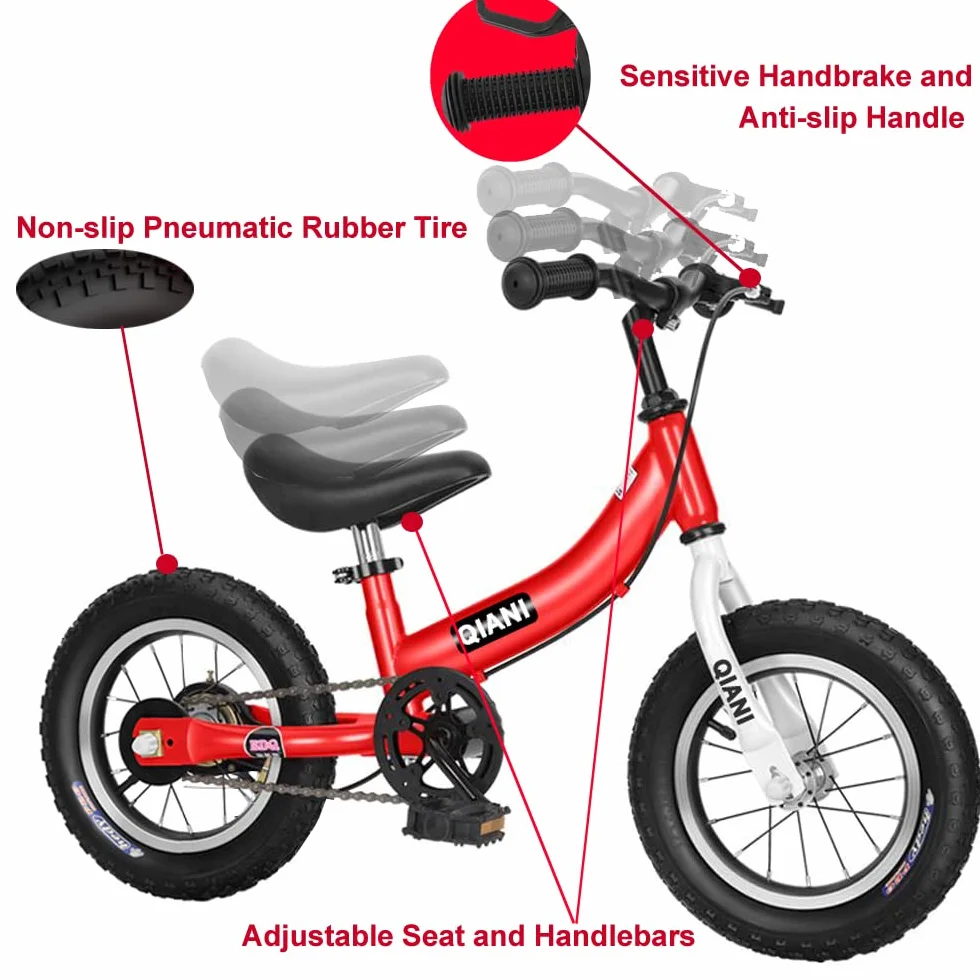 Qiani Bici Senza Pedali e biciclette bambini 2 in 1,per 2 a 7 Anni Bambini,con Freno,rimovibile pedali e Ruote Ausiliarie,12 14 16 pollici,Rosso Blu Rosa