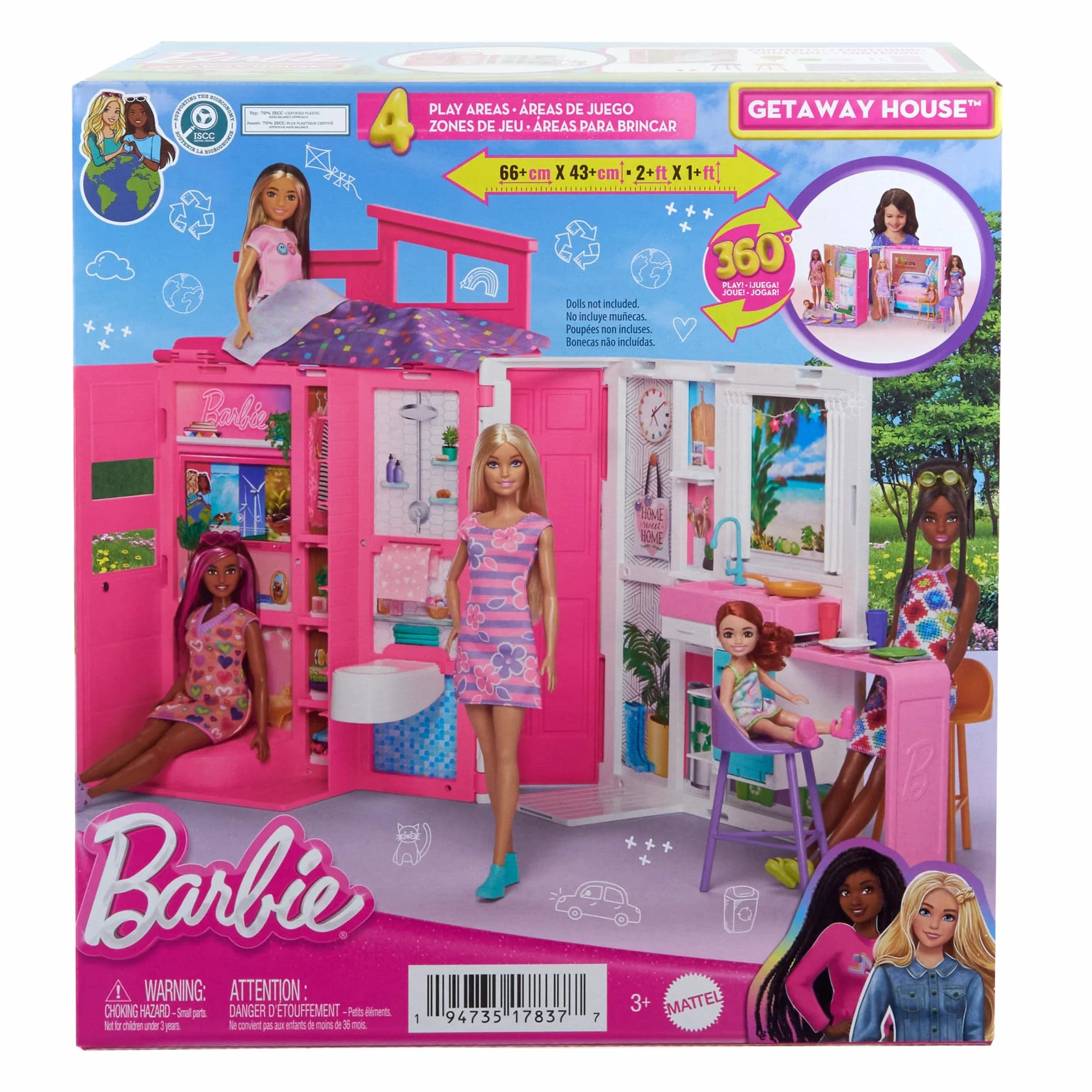 Barbie - Casa delle Vacanze, playset con 4 aree di gioco e 11 accessori decorativi inclusi, con cucina, bagno camera da letto e soggiorno, giocattolo per bambini, 3+ anni, HRJ76