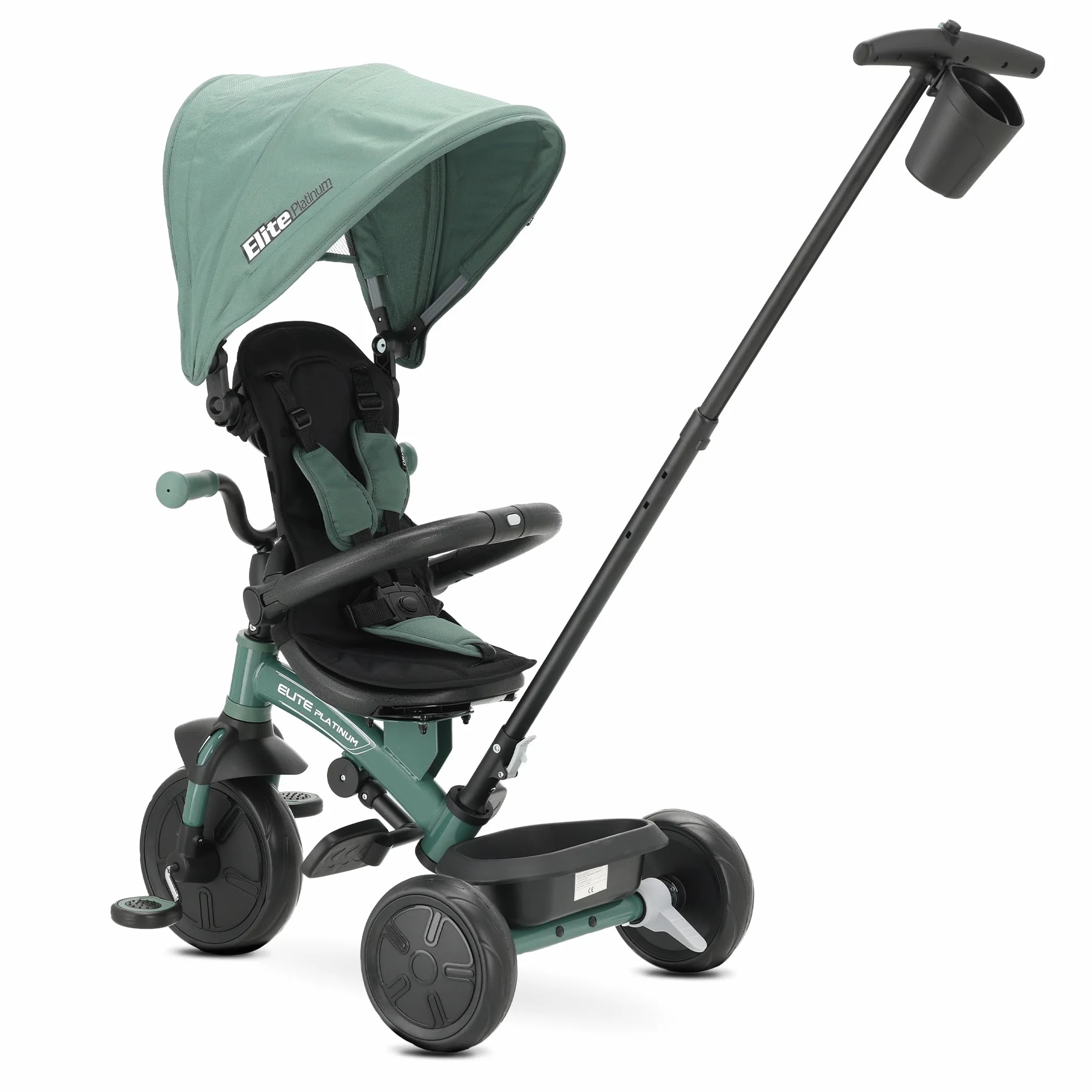 Triciclo Evolutivo QPLAY Elite Platinum 6 in 1 con sedile girevole a 360°, per bambini da 10 a 36 mesi, Maniglione direzionale, Capottina XL, Poggiapiedi e cestino (Verde)