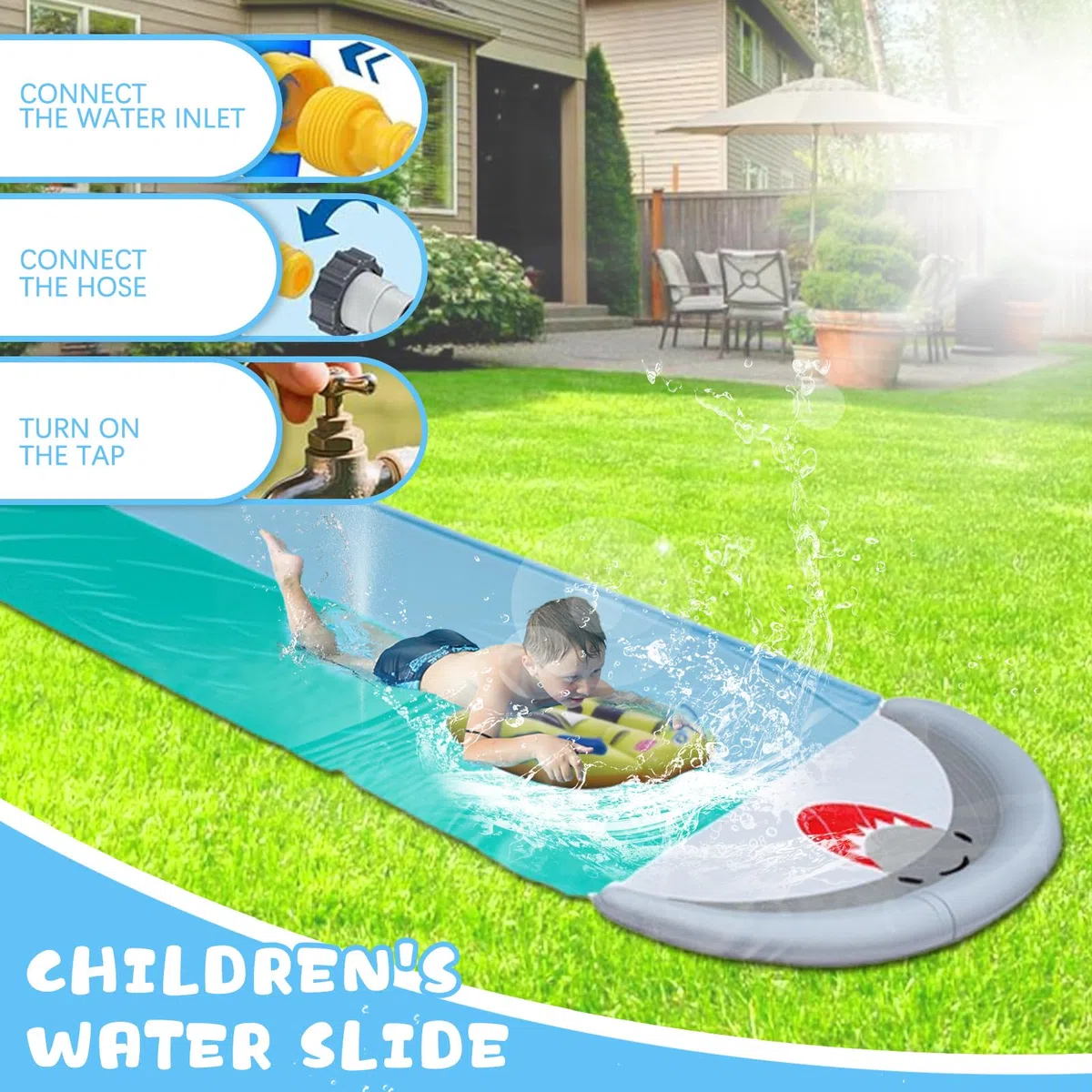 ACTOYS Scivolo d'Acqua Doppio per Prato con Bodyboards, Giocattolo Estivo con Irrigatore Integrato (196x57in)