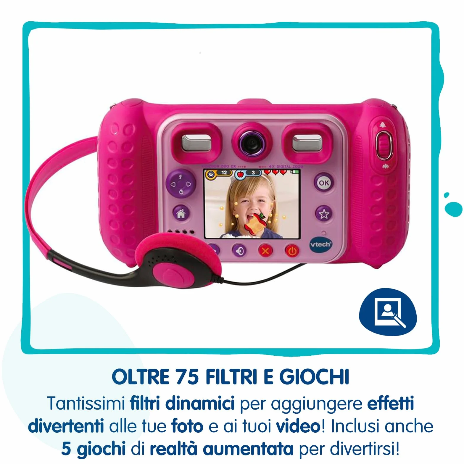 VTech Kidizoom Duo DX Blu, Macchina Fotografica per Bambini con +75 Filtri, Foto e Video, Doppia Fotocamera Anteriore e Posteriore, Scocca Antiurto, Lingua Italiana, Batterie Incluse, 3-12 Anni