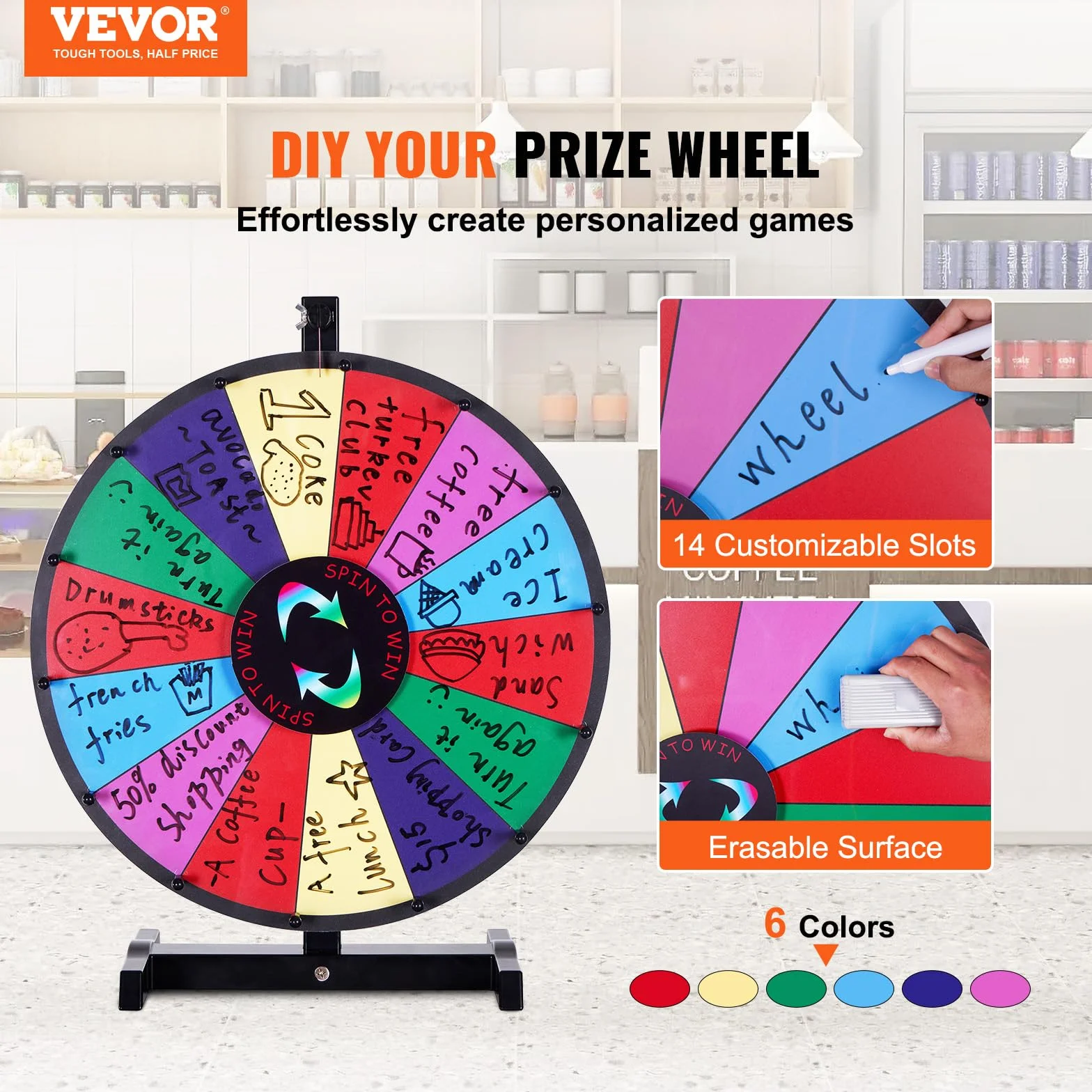VEVOR Ruota della Fortuna 457 mm, Ruota della Lotteria a Secco, Ruota Fortuna 14 Slot, con 2 Indicatori, Rotazione Liscia e Gioco del Bingo Equilibrato, Gioco per Feste in Salone Carnevale