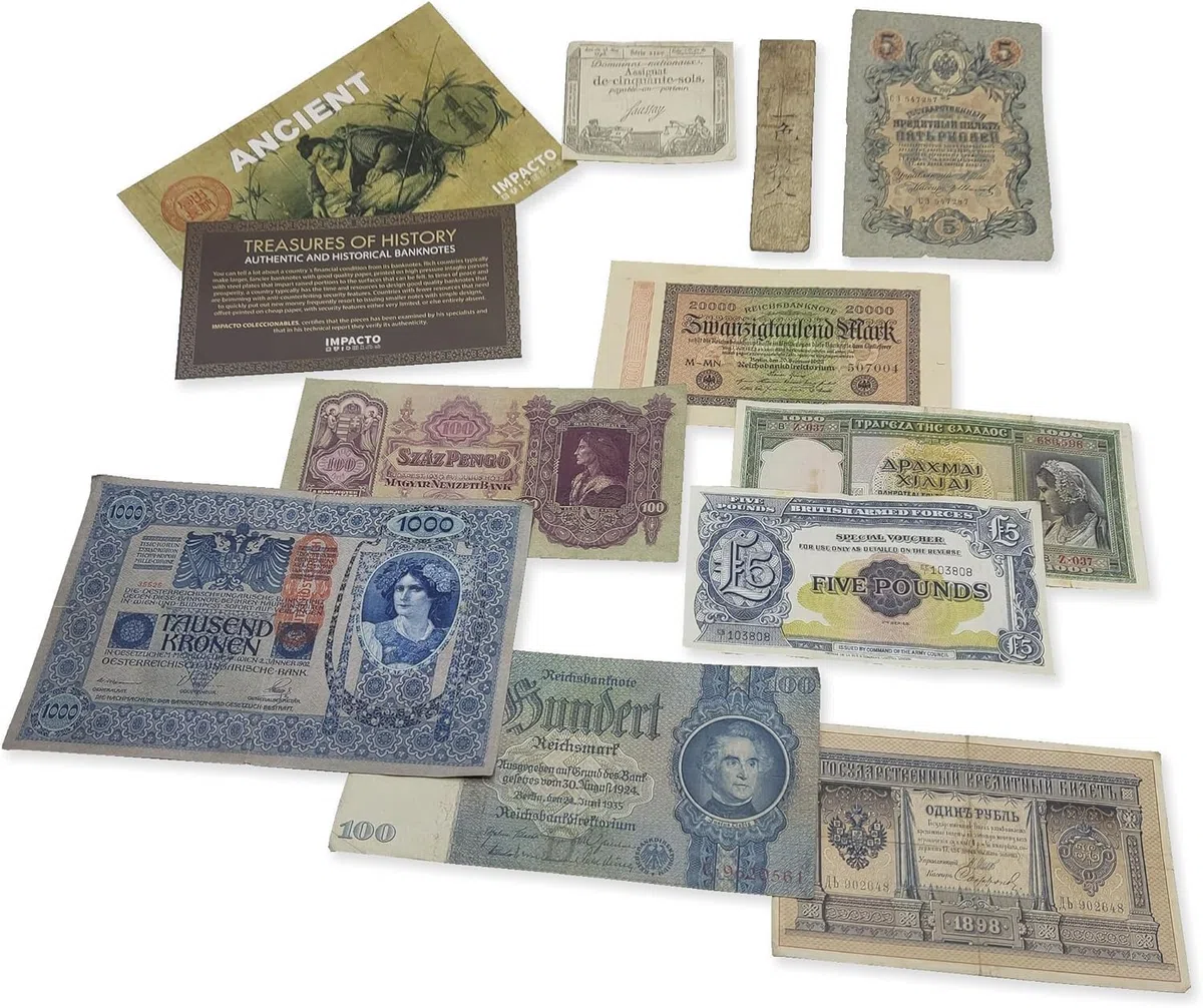 Collezione di 10 Banconote Antiche Autentiche 1792-2014, 4 Secoli di Storia con Certificato di Autenticità