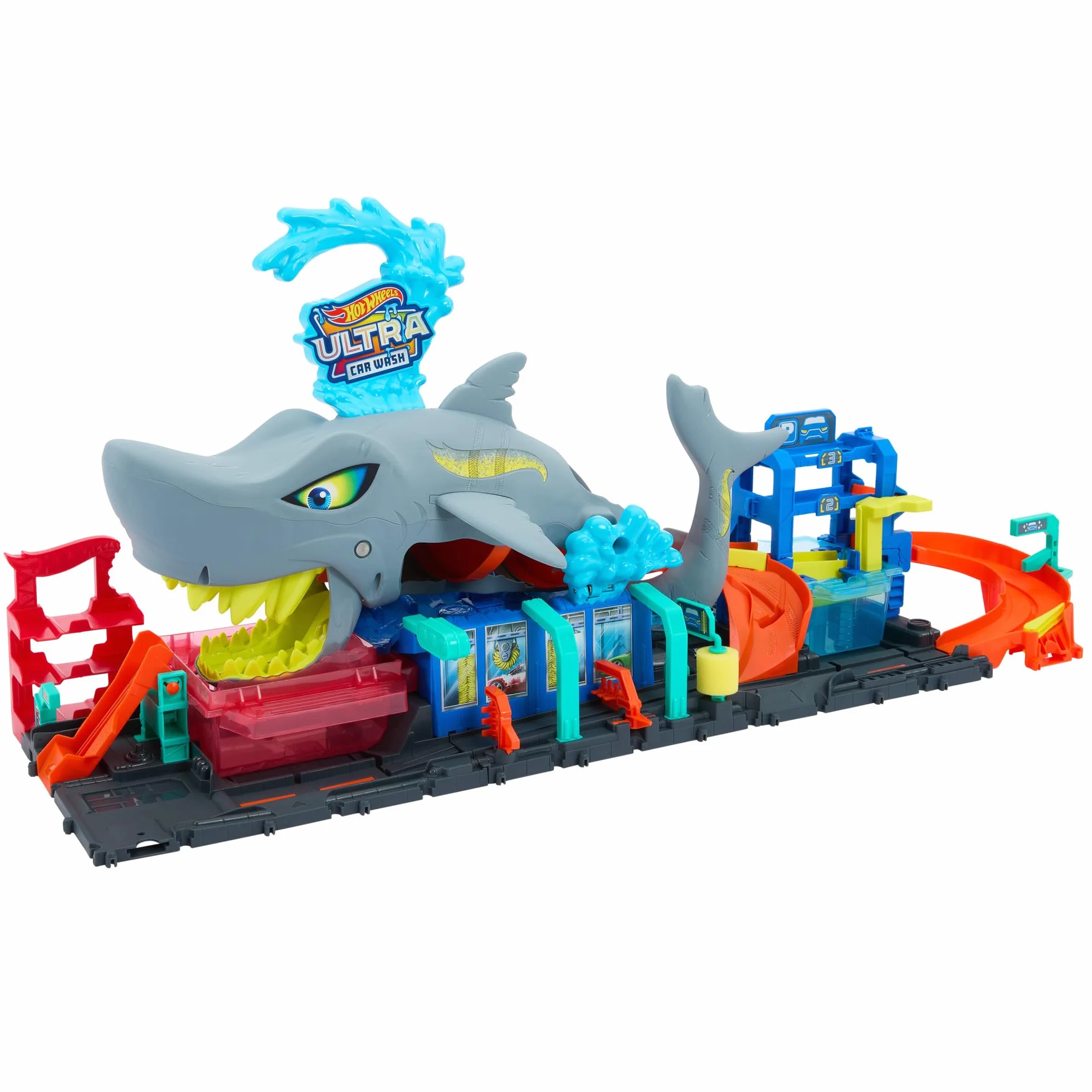 Hot Wheels 'Let's Race' Netflix - Mega Squalo Autolavaggio, pista con rullo di schiuma e cancelli mobili, funzione cambia colore e macchinina Color Reveal inclusa, 3+ anni, HTN82