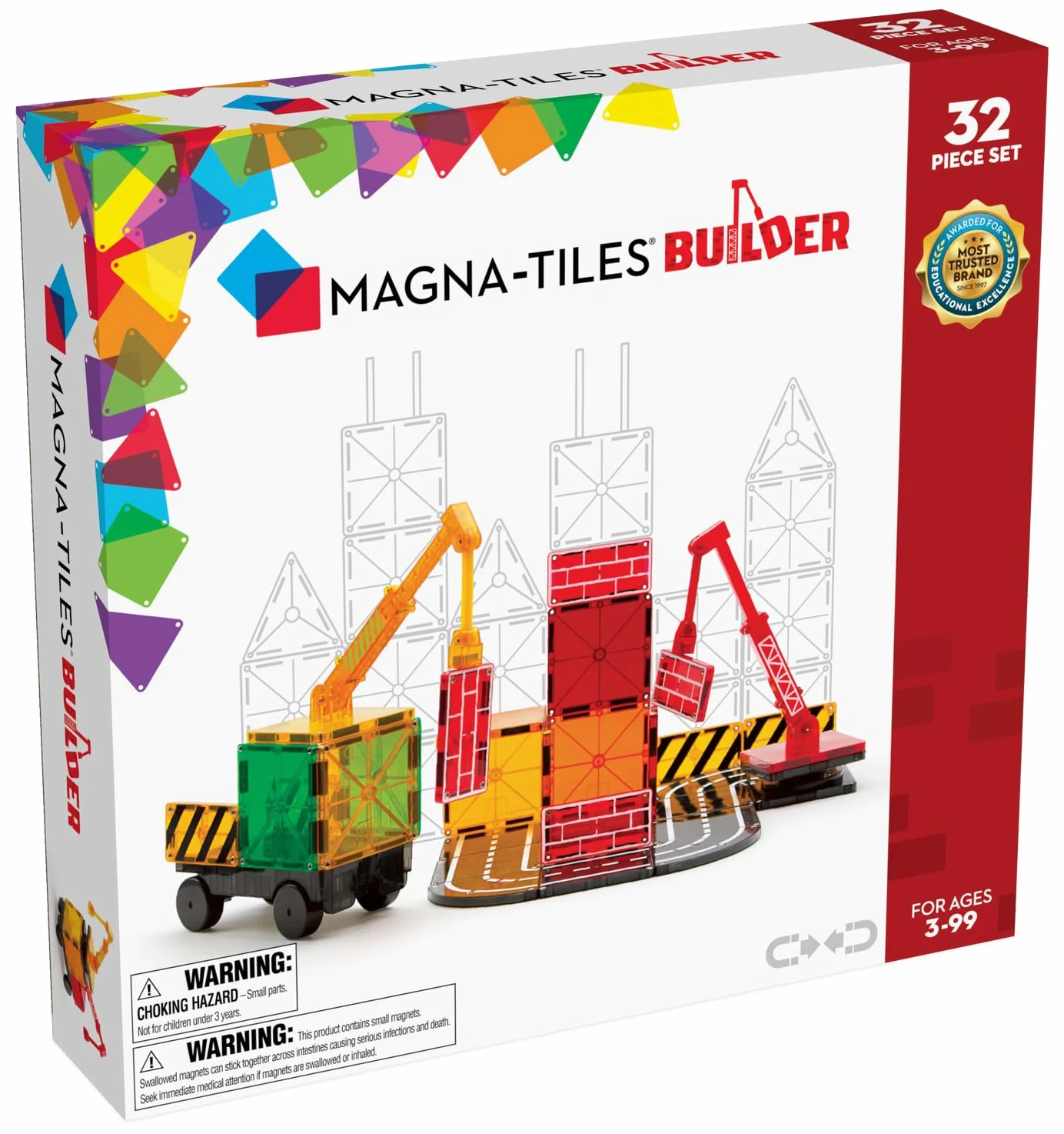 Magna-Tiles Builder - Cassetta magnetica da 32 pezzi, con pannelli stradali, gru e veicoli, dai 3 anni in su, giocattolo STEAM per la costruzione creativa, kit compatibile
