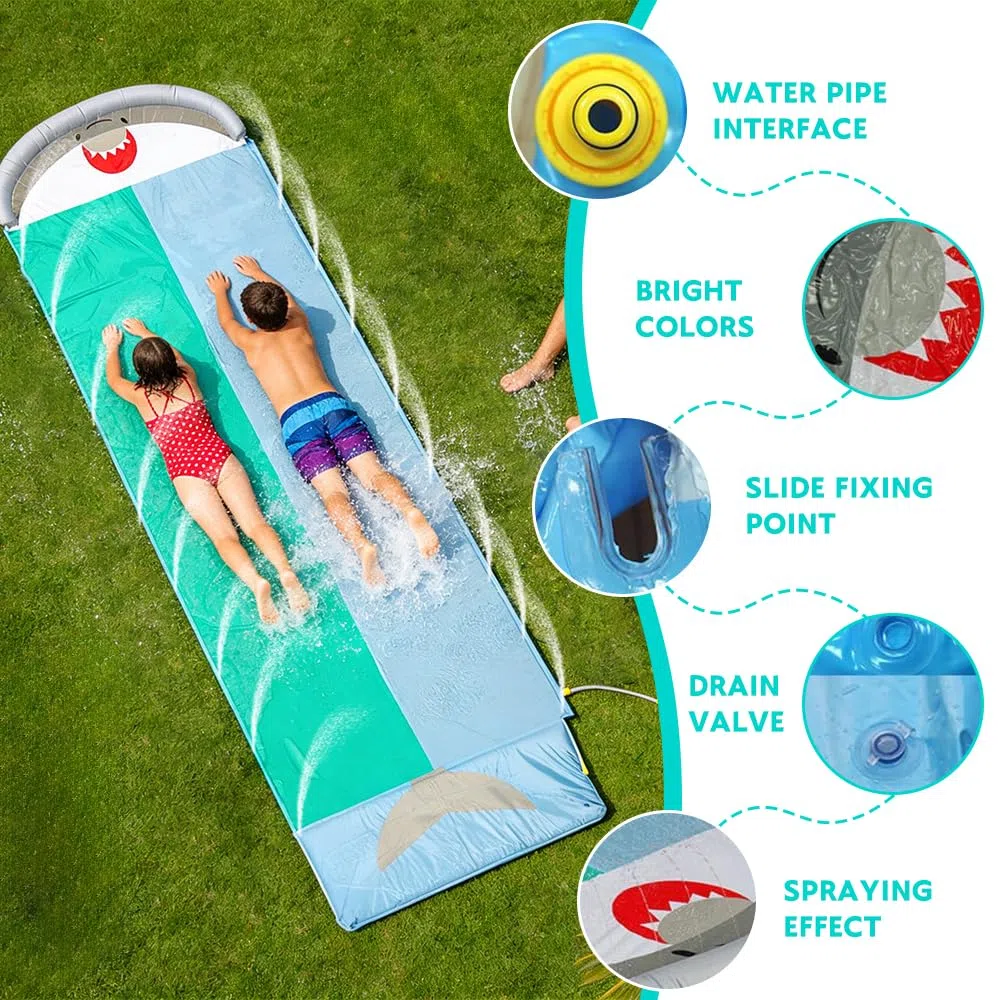 Scivolo d'Acqua 550 x 145 cm, Scivolo Acquatico Giardino, Doppio con Irrigatore, 2 Bodyboard