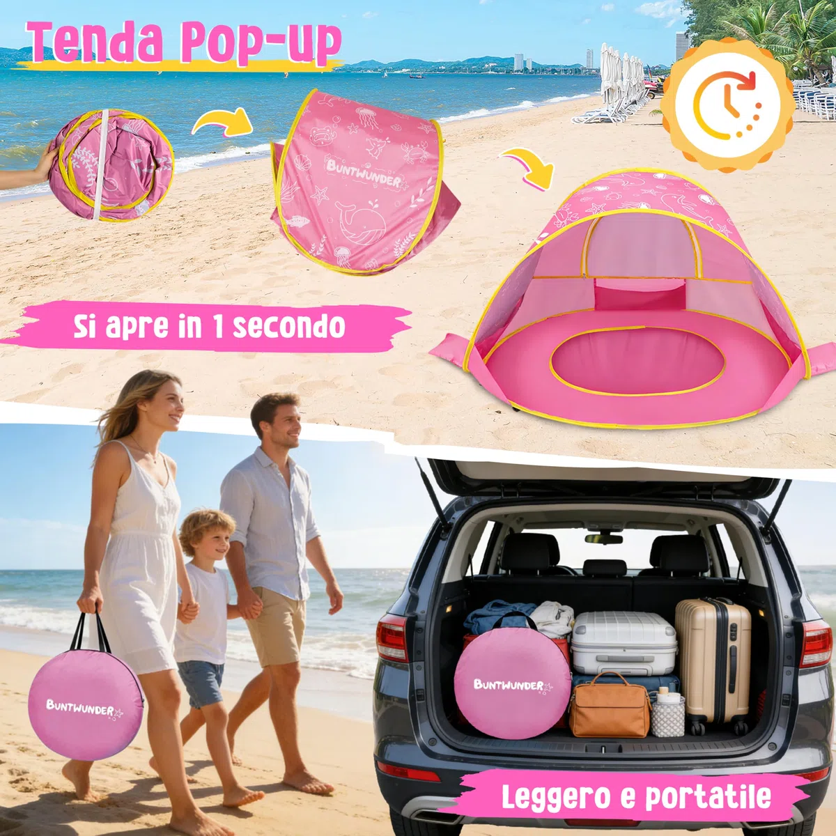 Tenda da Spiaggia Bambini Pop-Up con Mini Piscina, Protezione Solare UPF 50+, Portatile (Rosa)