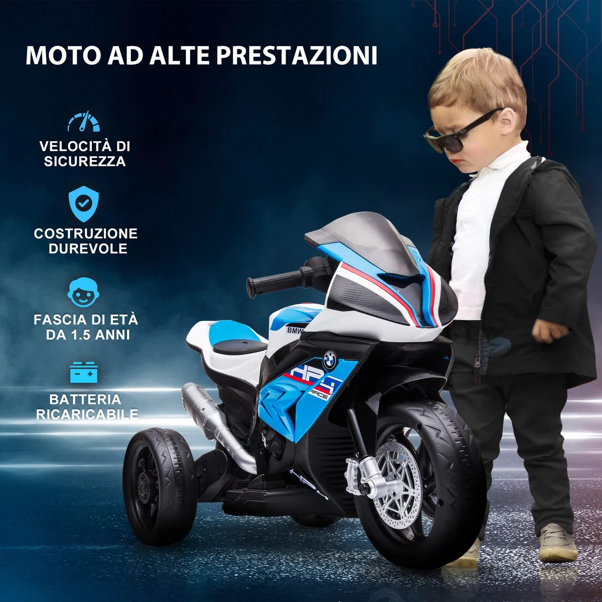 HOMCOM Moto Bambini BMW HP4 18-60 Mesi Fari Musica Pedali PP Metallo 82.5x42x54 cm Blu