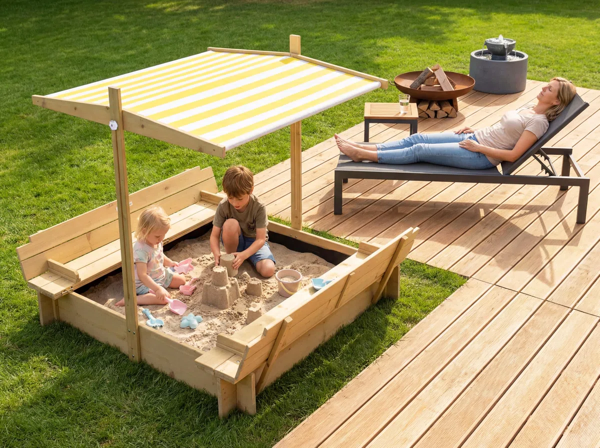 needs&wants® Sabbiera in legno con tetto, copertura e panchina, sabbiera per bambini con coperchio pieghevole, protezione UV, sabbiera quadrata per giardino e parco giochi all'aperto, 120x120 cm