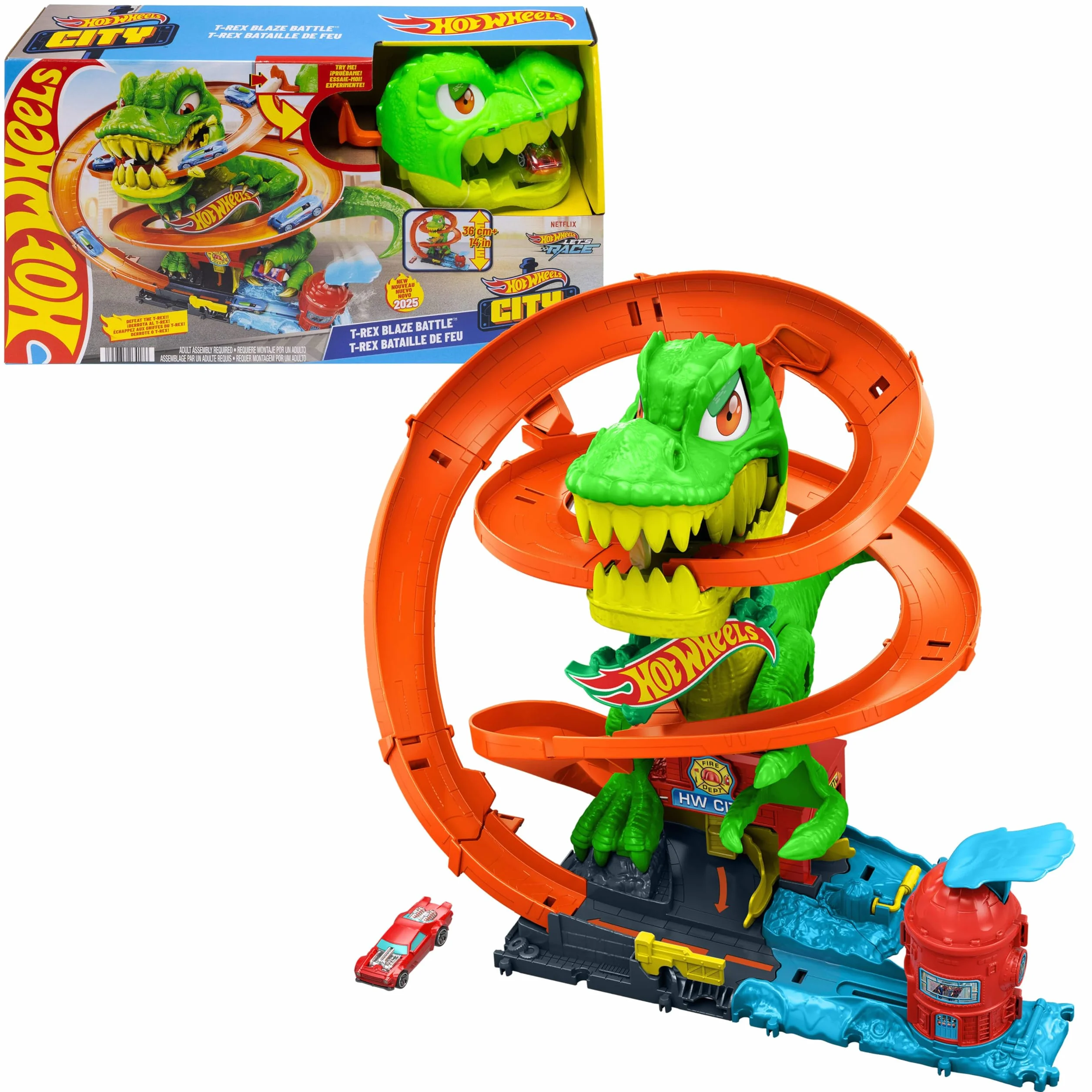 Hot Wheels City - T-Rex Battaglia Infuocata, playset stazione dei pompieri con dinosauro occhi rotanti e pista per gareggiare, camion dei pompieri incluso, giocattolo per bambini, 4+ anni, JBM73
