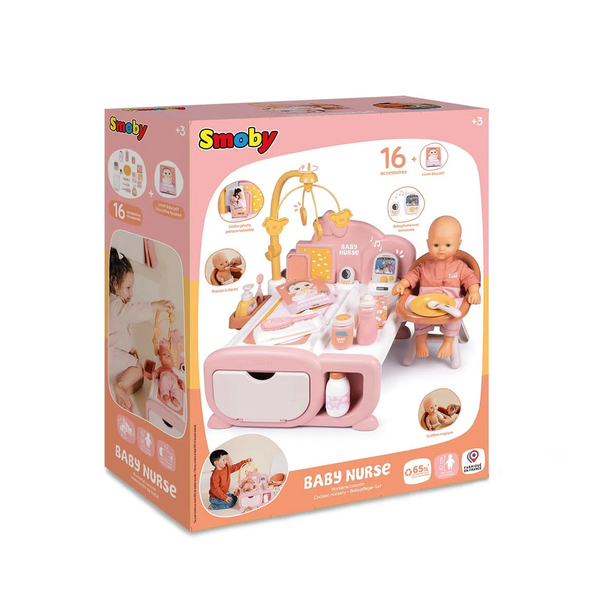 Smoby Baby Nurse Cocoon Nursery per neonati 42 cm accessori gioco materiale riciclato 3+ Francia