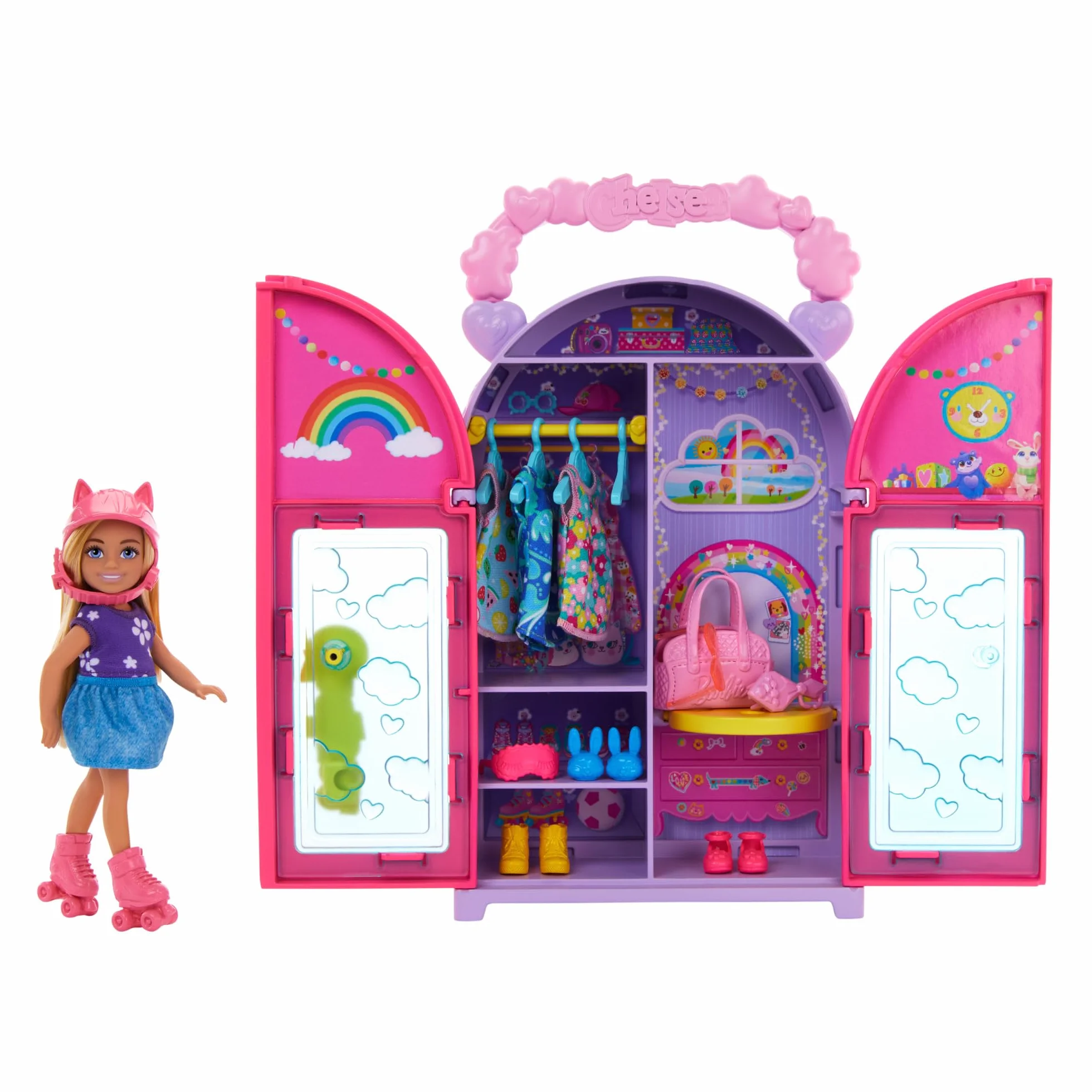Barbie - Chelsea Playset Armadio, set pieghevole con bambola, armadio e vestiti, include 3 aree di gioco, 4 look completi e 15 accessori, giocattolo per bambini, 3+ anni, HXN03