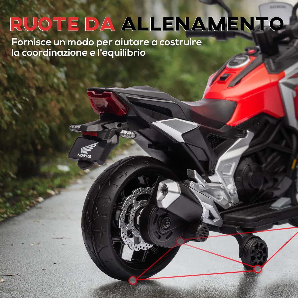 AIYAPLAY Moto Elettrica per Bambini 3-6 Anni Licenza Honda con Fari, Musica e Rotelle, 107x46x75 cm Rosso