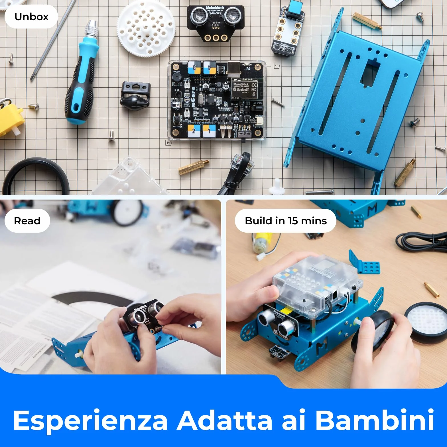 Makeblock mBot Robot Programmabile, STEM Giocattolo Compatibile con Programmazione Scratch / Arduino, Regali per Bambini Fonction Rileva Ostacoli, Segui linea, Robot di Codifica Robotico Kit - Blu