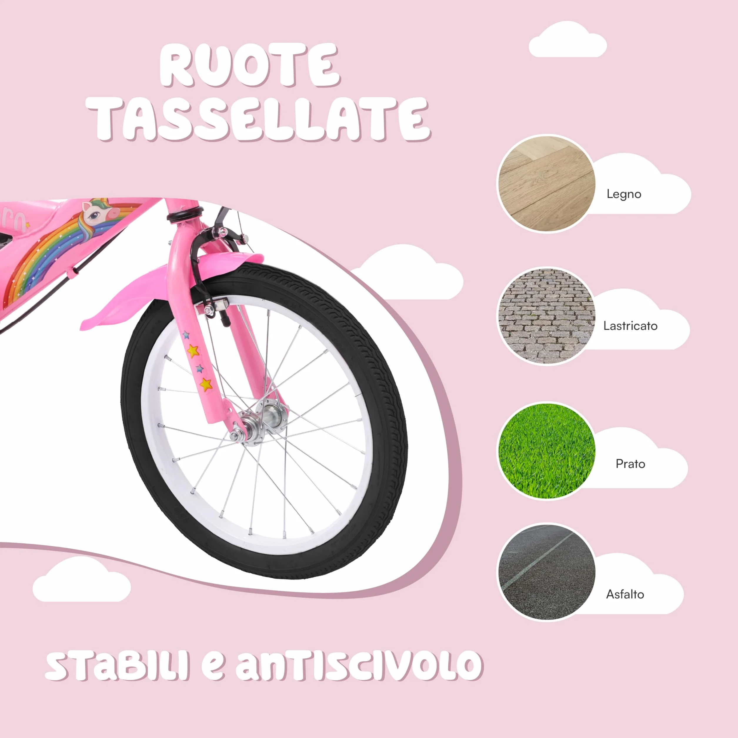 Baroni Toys Bicicletta per Bambine 12 & 14 & 16 Pollici con Unicorno con Porta Bambola e Rotelle Inclusi, Bici in Acciaio con Cestino per Bambina dai 2 ai 7 anni