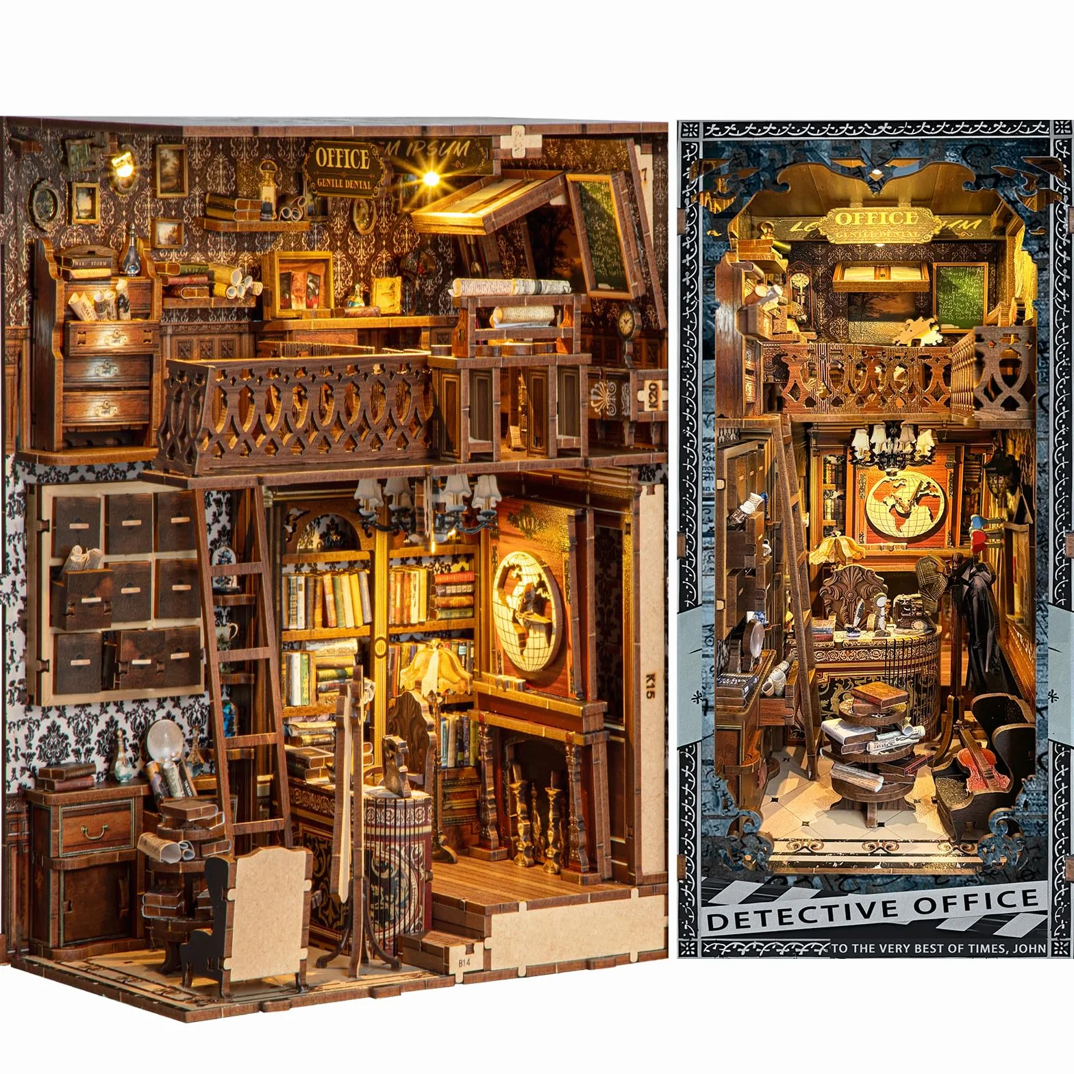 Quanquer Book Nook Kit_ con luce a LED, copertura antipolvere in miniatura, casa delle bambole in miniatura, libreria in legno 3D, puzzle in legno, detective office booknook(detective Office)