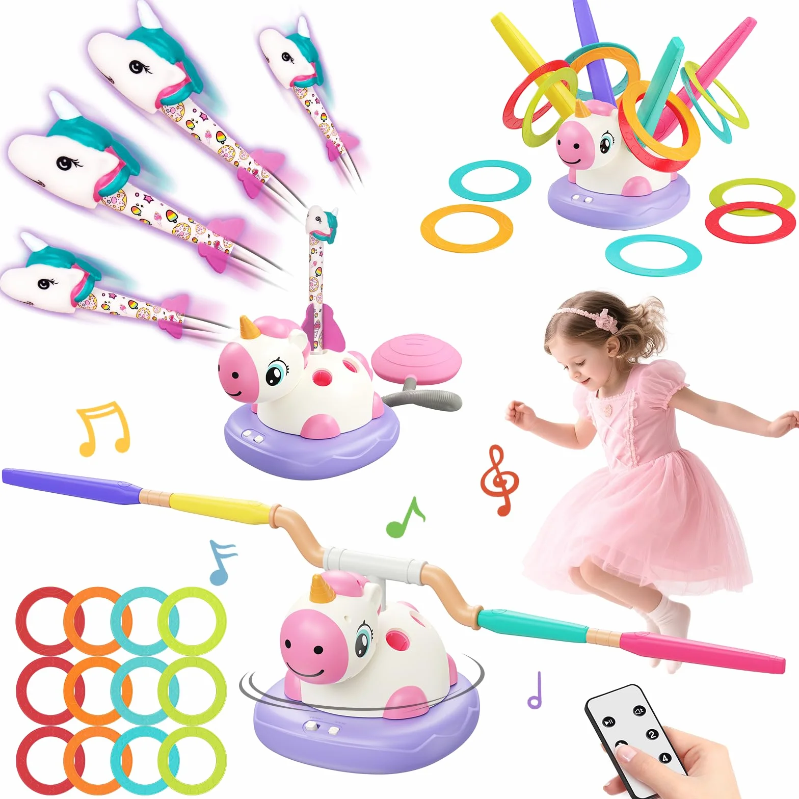 Aliex Unicorno Bambina Regalo 3 4 5 6 7 8 9 Anni | 3 in 1 Giochi da Esterno per Bambini – Salta con Musica, Razzo Spaziale Giocattolo e Gioco Lancio Anelli - Giochi da Giardino e Interno