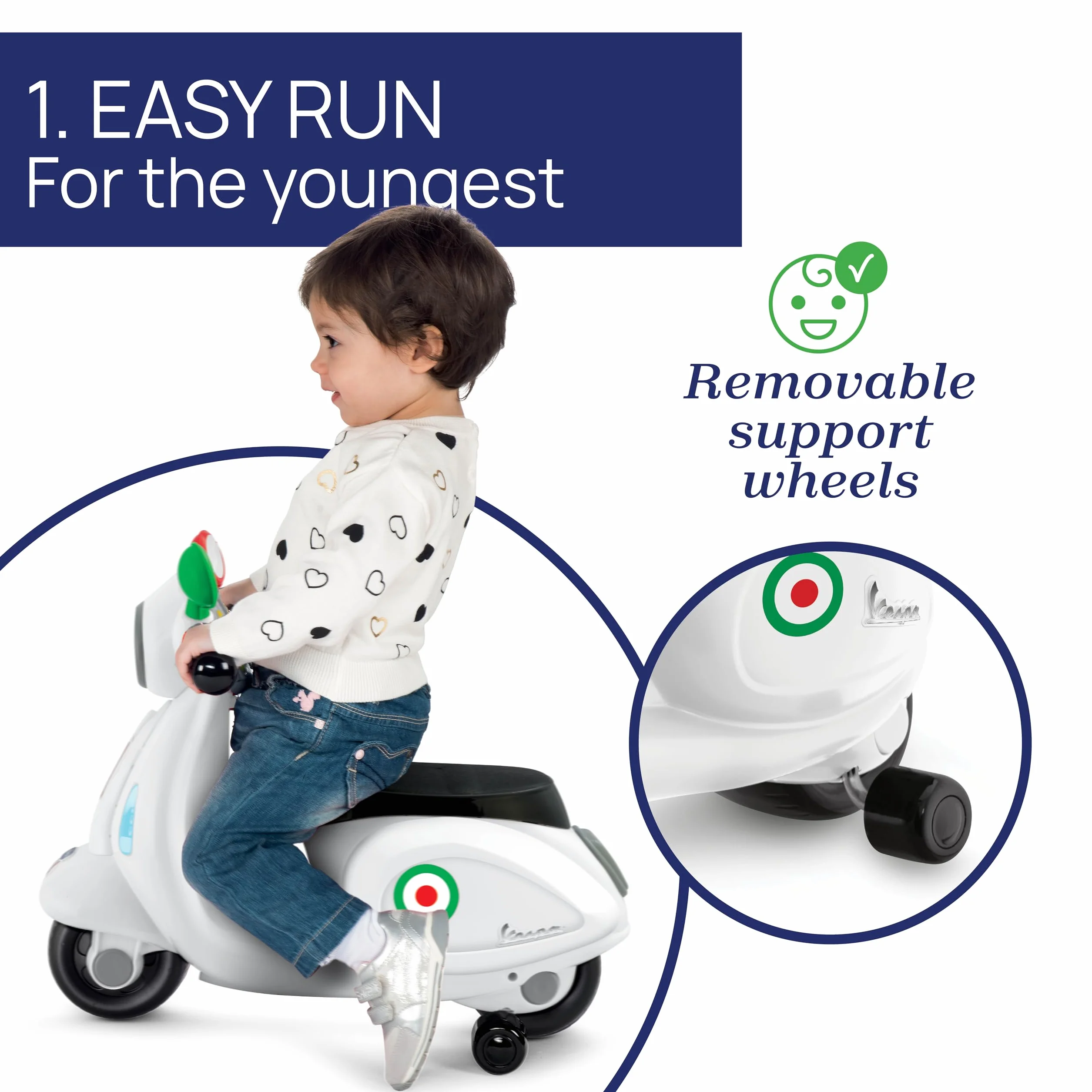 Chicco Vespa per Bambini Primavera Bianca, Moto Giocattolo Cavalcabile con Pannello Elettronico, Luci e Suoni, Ruote di Supporto Rimuovibili, Max 25 Kg, Giochi per Bambini 1-3 Anni