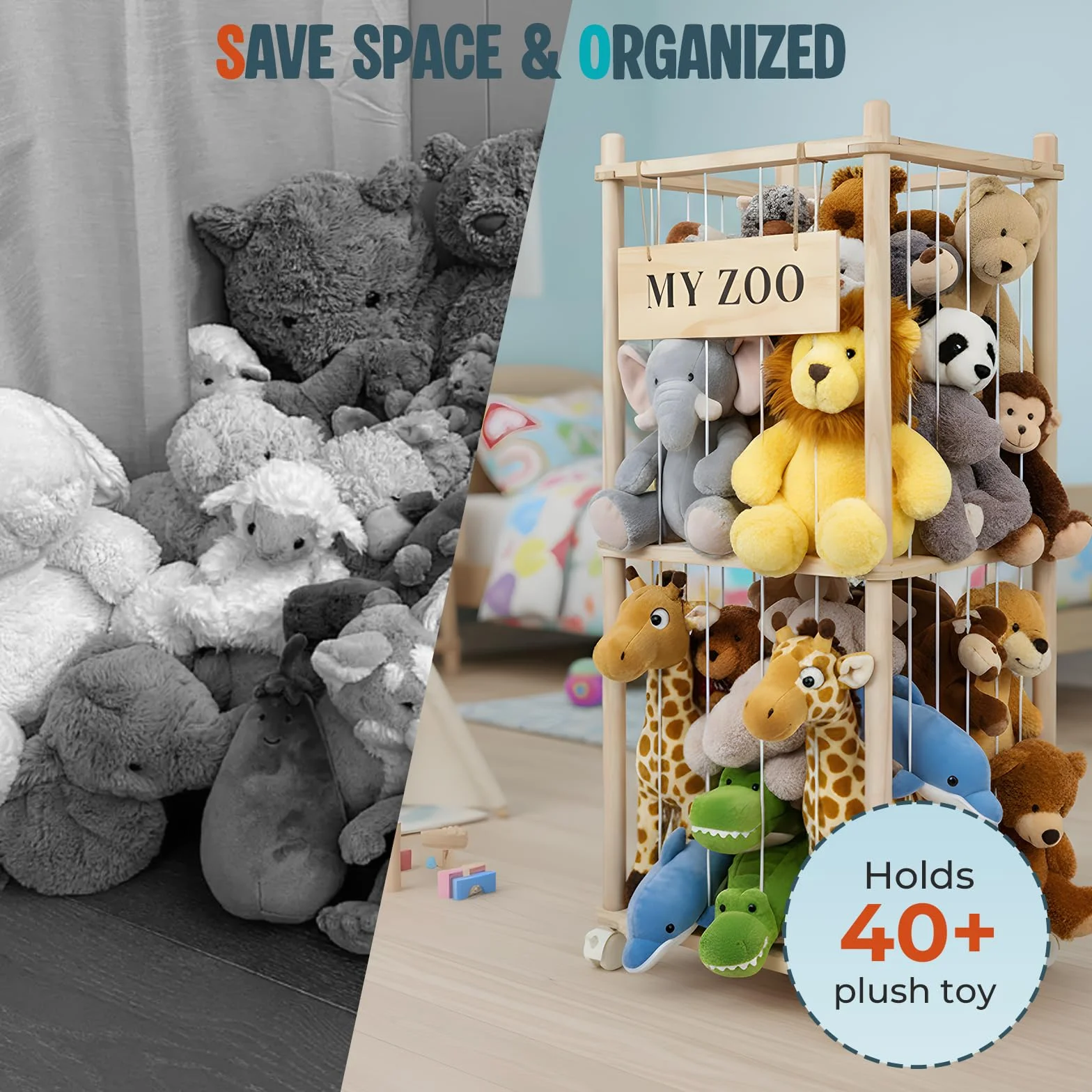 Porta Peluche Verticale a 2 Ripiani, Portapeluche con Ruote Frenate a 360°, Organizer per Animali di Peluche e Giocattoli, per Camera dei Bambini, Sala Giochi, Soggiorno, 95 x 40 x 40 cm