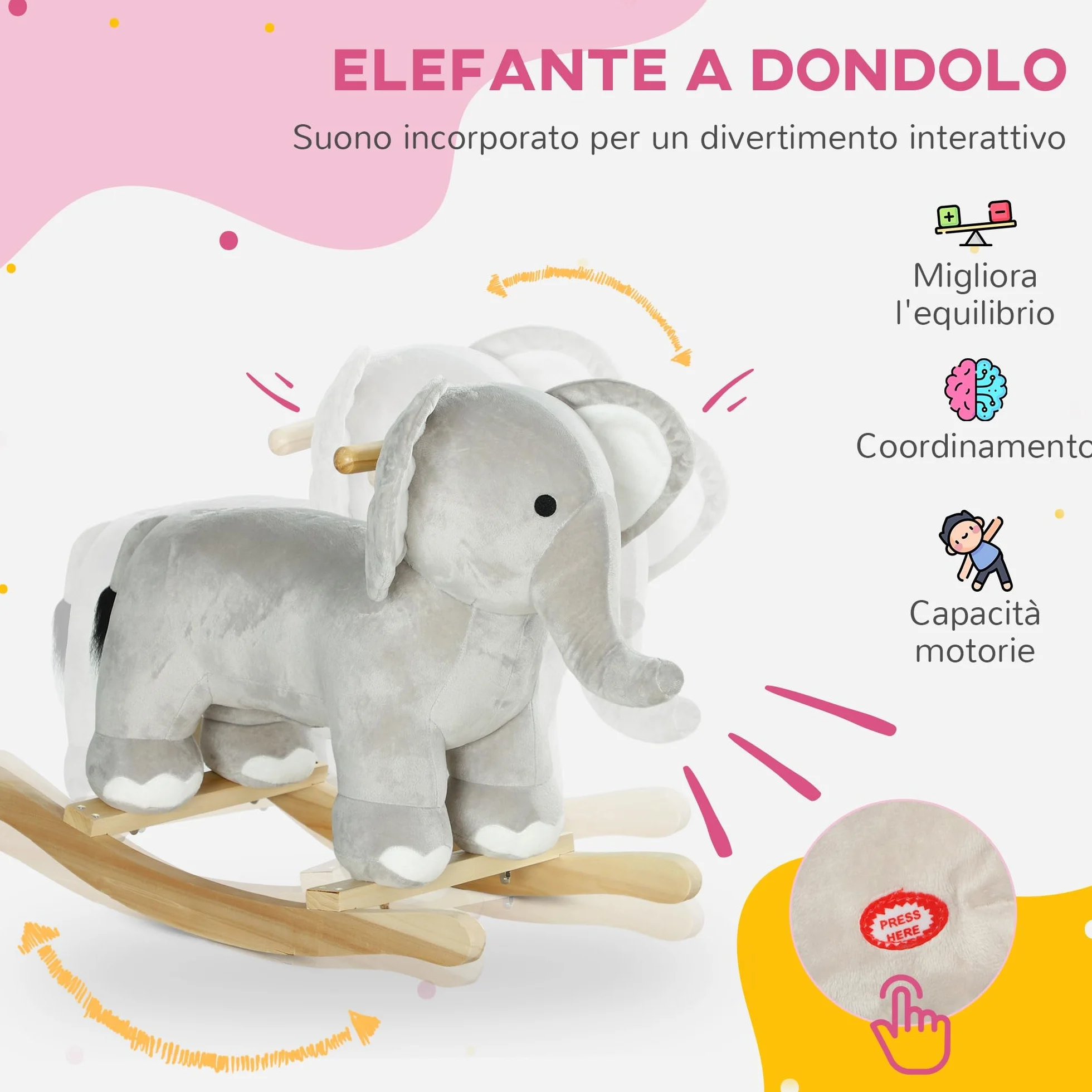 AIYAPLAY Cavallo a Dondolo per Bambini a Forma di Elefante, Cavalluccio a Dondolo Cavalcabile in Legno e Peluche con Base e Suoni Realistici, 2-4 Anni, 64.5x31x52 cm, Grigio