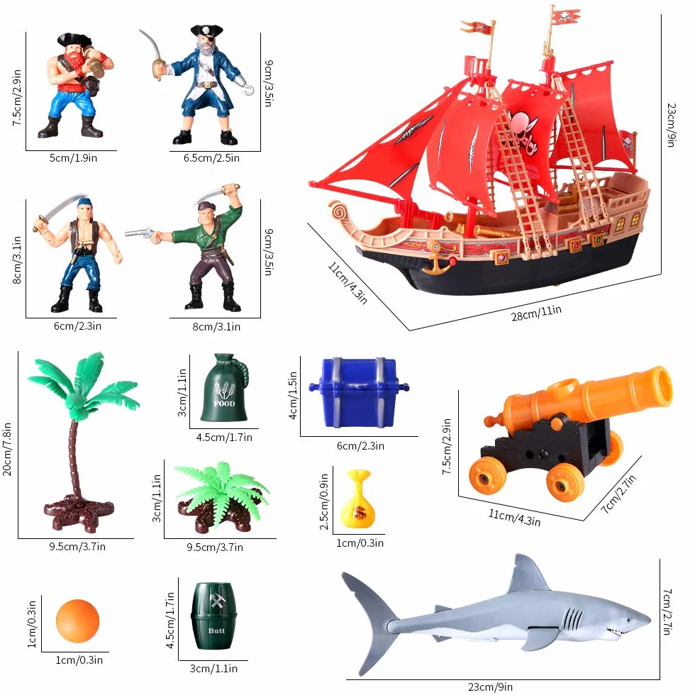 Bambini Pirate Ship Adventure Giocattoli Con Plastica Action Figures Pirate Vessel Playset con Squalo, Barca, Cannone, Alberi e Altri Accessori Regalo Educativo per Ragazzi Ragazze 3 4 5 6 7 8 Anni