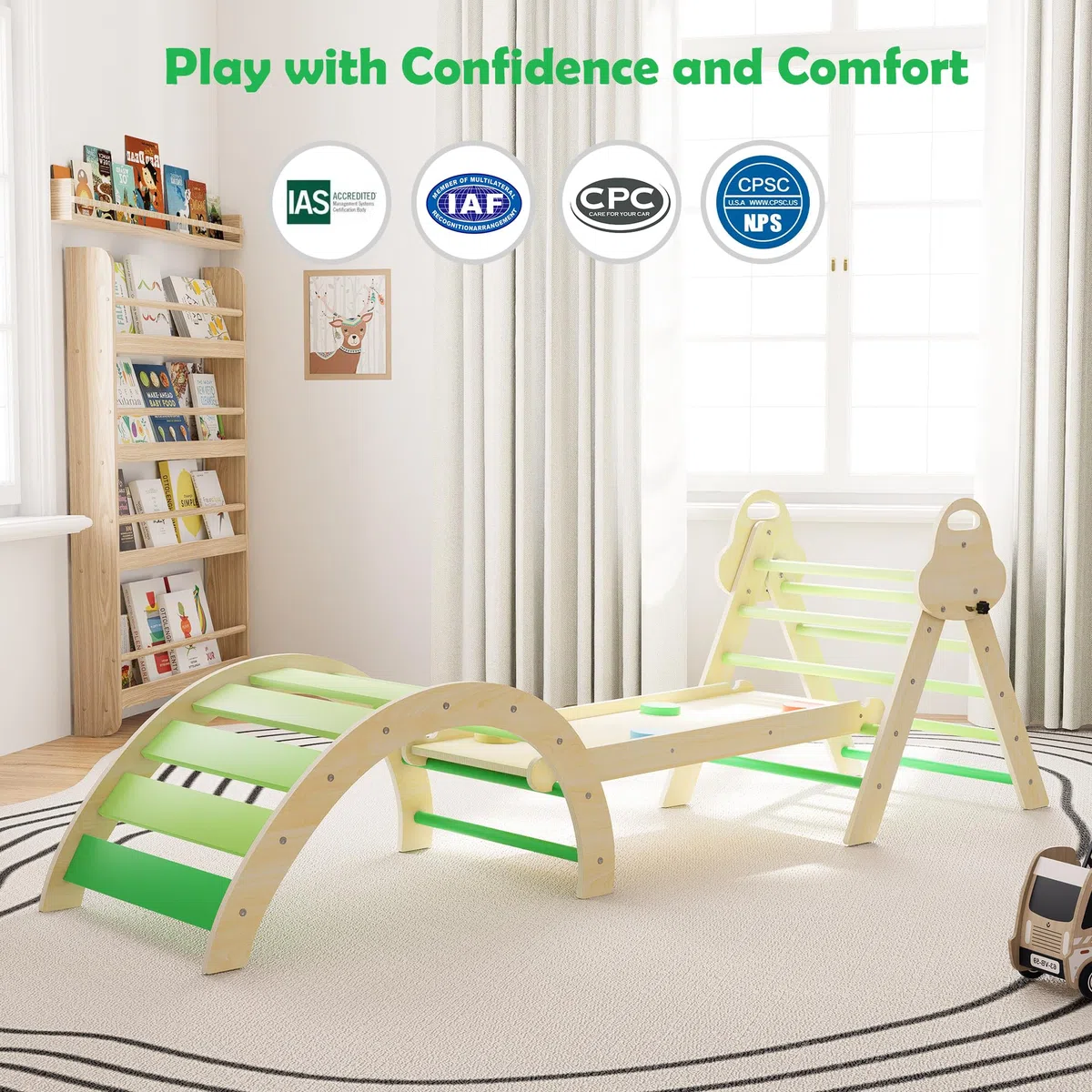Puecrof Triangolo da Arrampicata Montessori 7 in 1 con Cuscino, Giocattolo da Arrampicata in Legno per Bambini da 1 a 3 Anni, Arco per Arrampicata Indoor con Scivolo, Scala e Arco da Gioco (Verde)