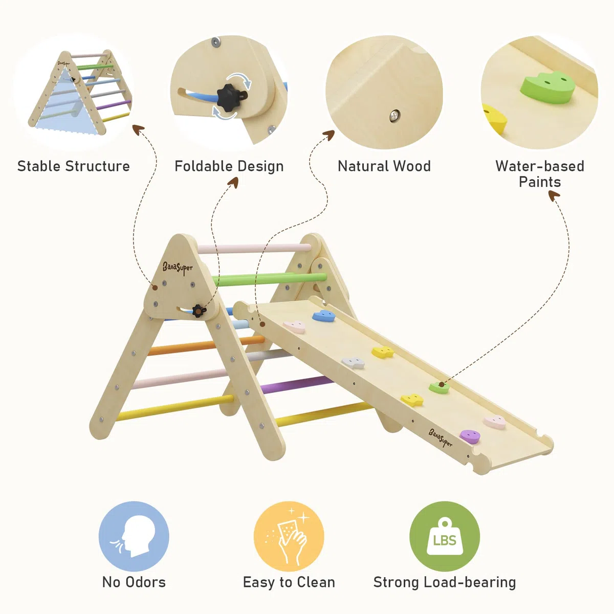 BanaSuper 2 in 1 Bambini Triangolo da Arrampicata in Legno Pieghevole con Rampa Giocattoli Montessori