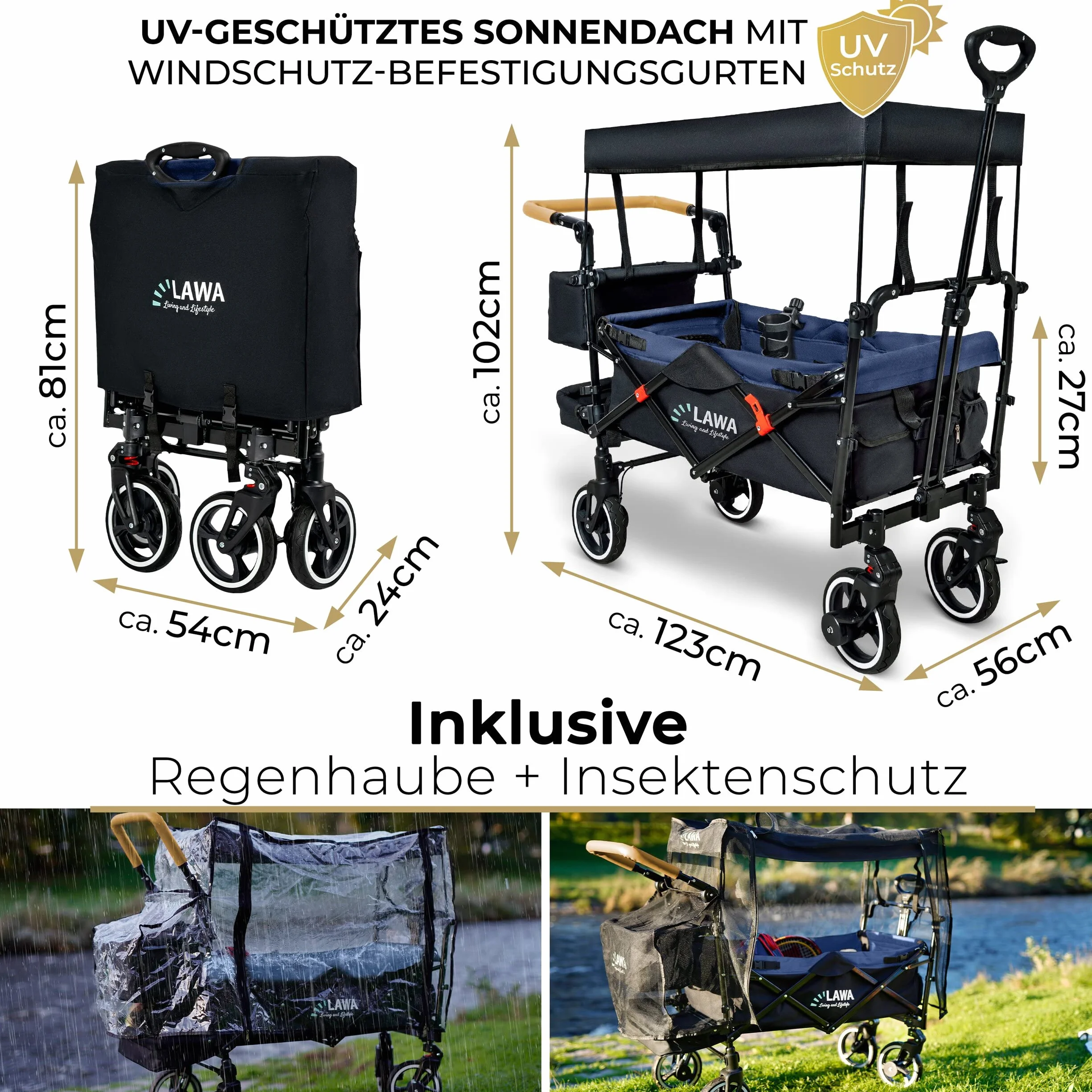 Carrello a spinta con tetto carrello campeggio carretto con tetto carrello da spiaggia bambini Cofano antipioggia Zanzariera Tazza Freno Ammortizzatore portata 80 kg 1-8 anni bambino carro pieghevole