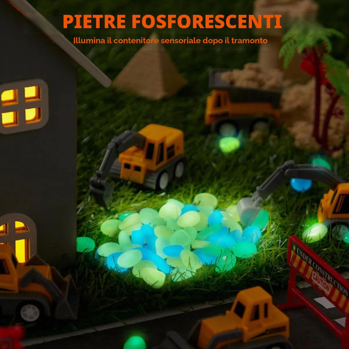 Klever Kits Cestino Sensoriale da Costruzione per Bambini con Pietre Fosforescenti, Sandbox con Coperchio, Kit Castello di Sabbia