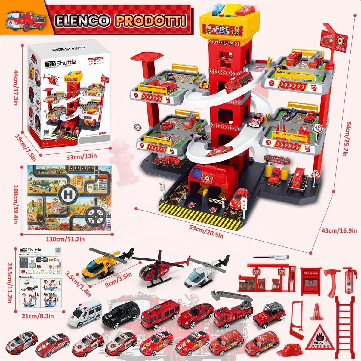 BuzzoXerex 5 Piani Garage Mmacchine per Bambini, Parcheggio Macchinine con 14 Autos e 2 Elicottero, Giocattolo Auto Garage con Ascensore e Rampe, Idea Regalo per Bambini 5 6 7 8 9 Anni (Rosso)