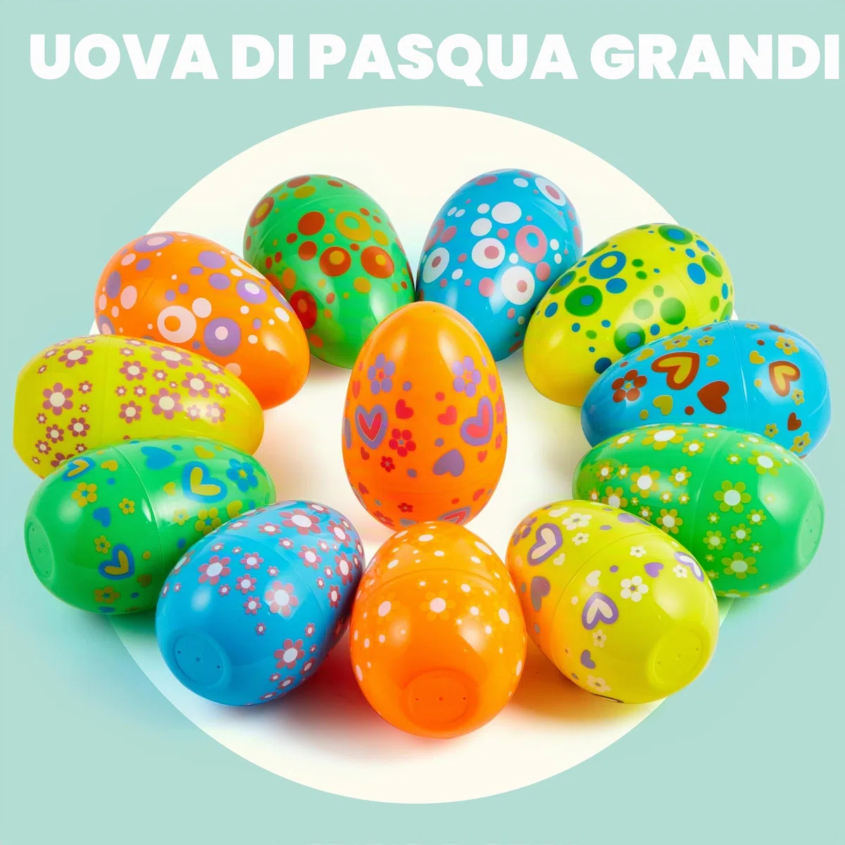 JOYIN 12 uova di Pasqua Jumbo da 17,8 cm, in plastica brillante, tinta unita, 6 colori assortiti, stampate uova vuote per riempire dolcetti, bomboniere, caccia, cestini, riempitivi, premi in classe