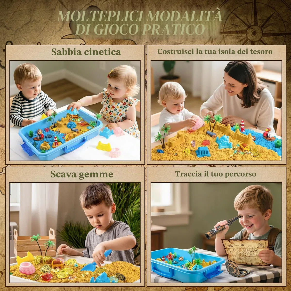 KNASON Sabbia Giocattolo per Bambini,Scrigno del Tesoro Pirata Kit di Sabbiera con 1KG Sabbia Magica,Illuminano al Buio Gemme e Mappa,Regalo di Natale e Compleanno per Bambini 3 ai 8 Anni