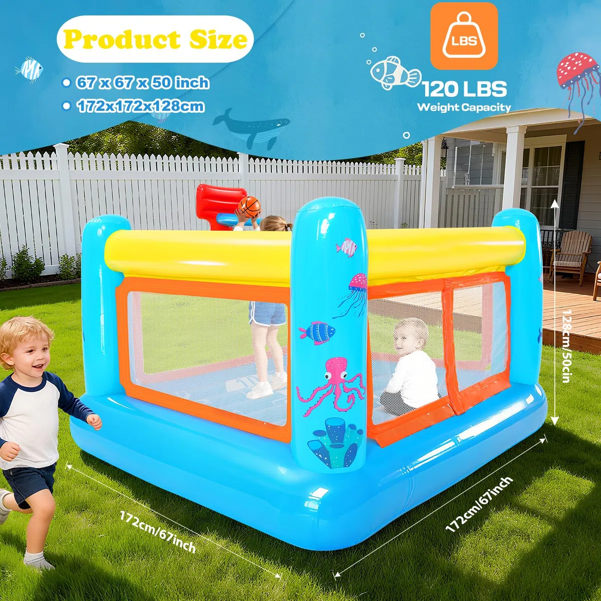 Castello gonfiabile per bambini da 3 a 6 anni, per interni ed esterni, in PVC resistente agli strappi, con piscina di palline rimovibile, cestino da basket e ventilatore (castello 3 in 1)